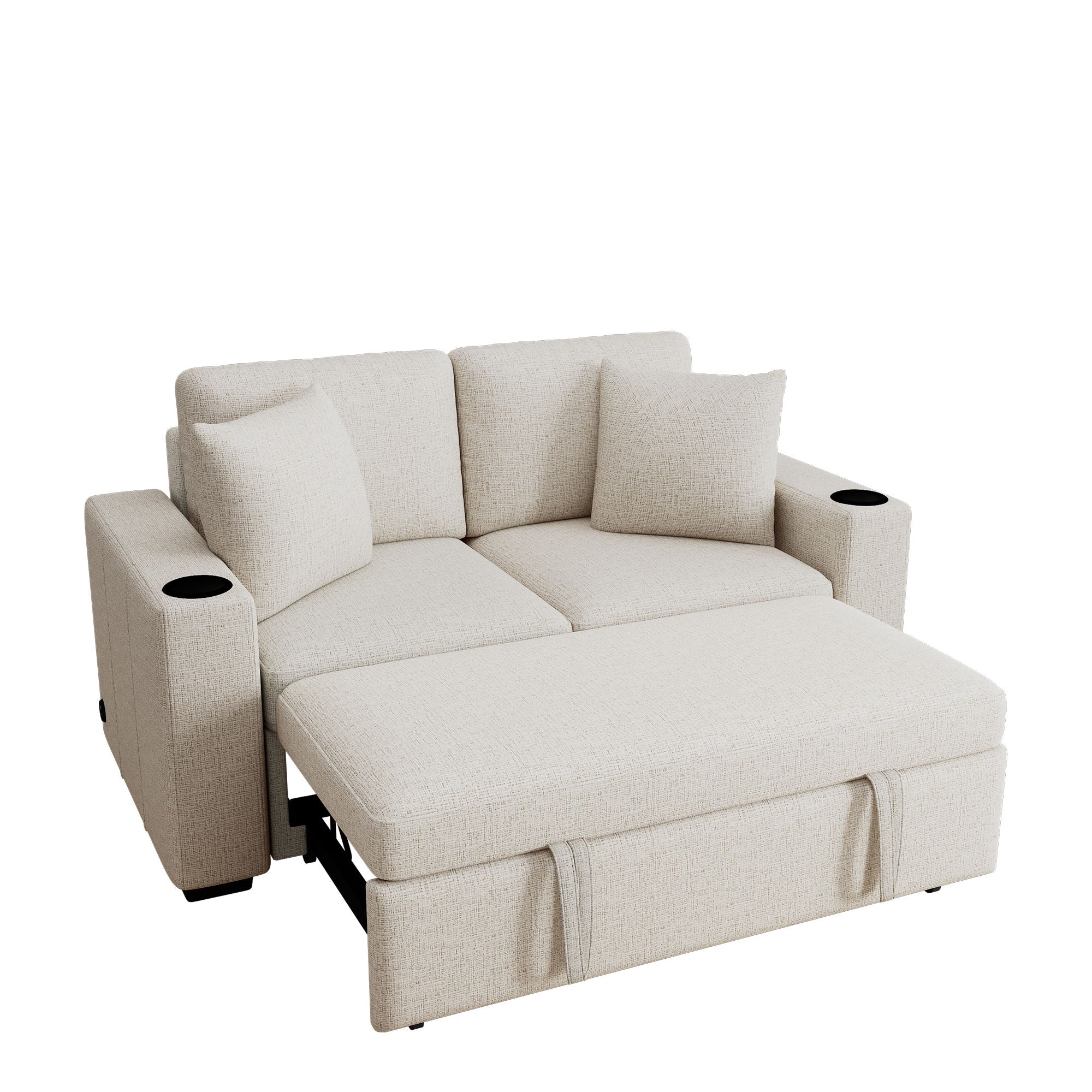 Modern 2 Seater Loveseat Sofa With Pull-Out Bed, Fabric, Built-In USB Ports & Cup Holders