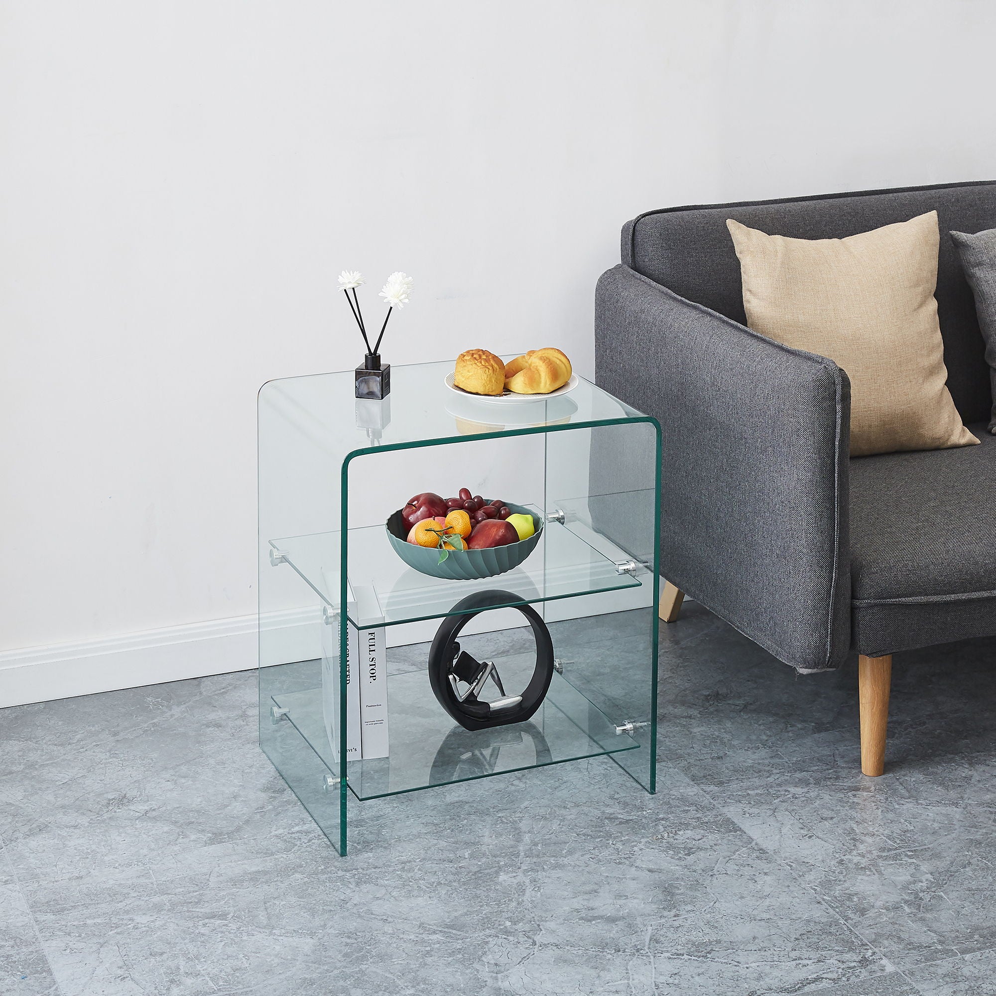 Tempered Clear Bent Glass Side Table Sofa Table, Multi Purpose Use, Premium Tempered Glass - Transparent