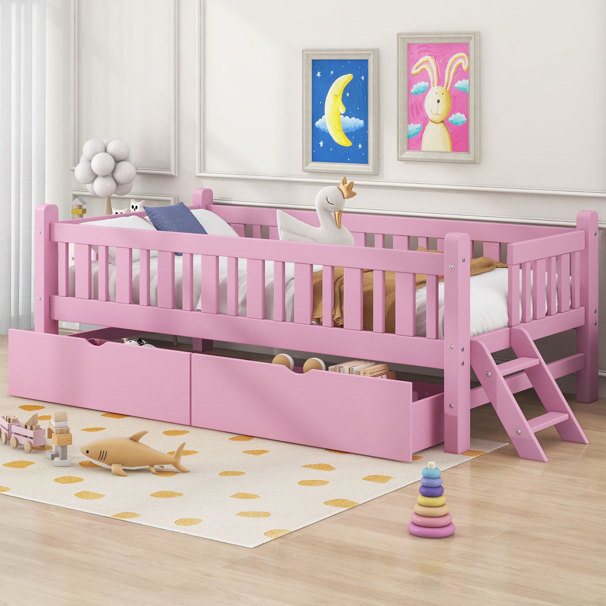 Platform Bed With Guardrail And 2 Drawers