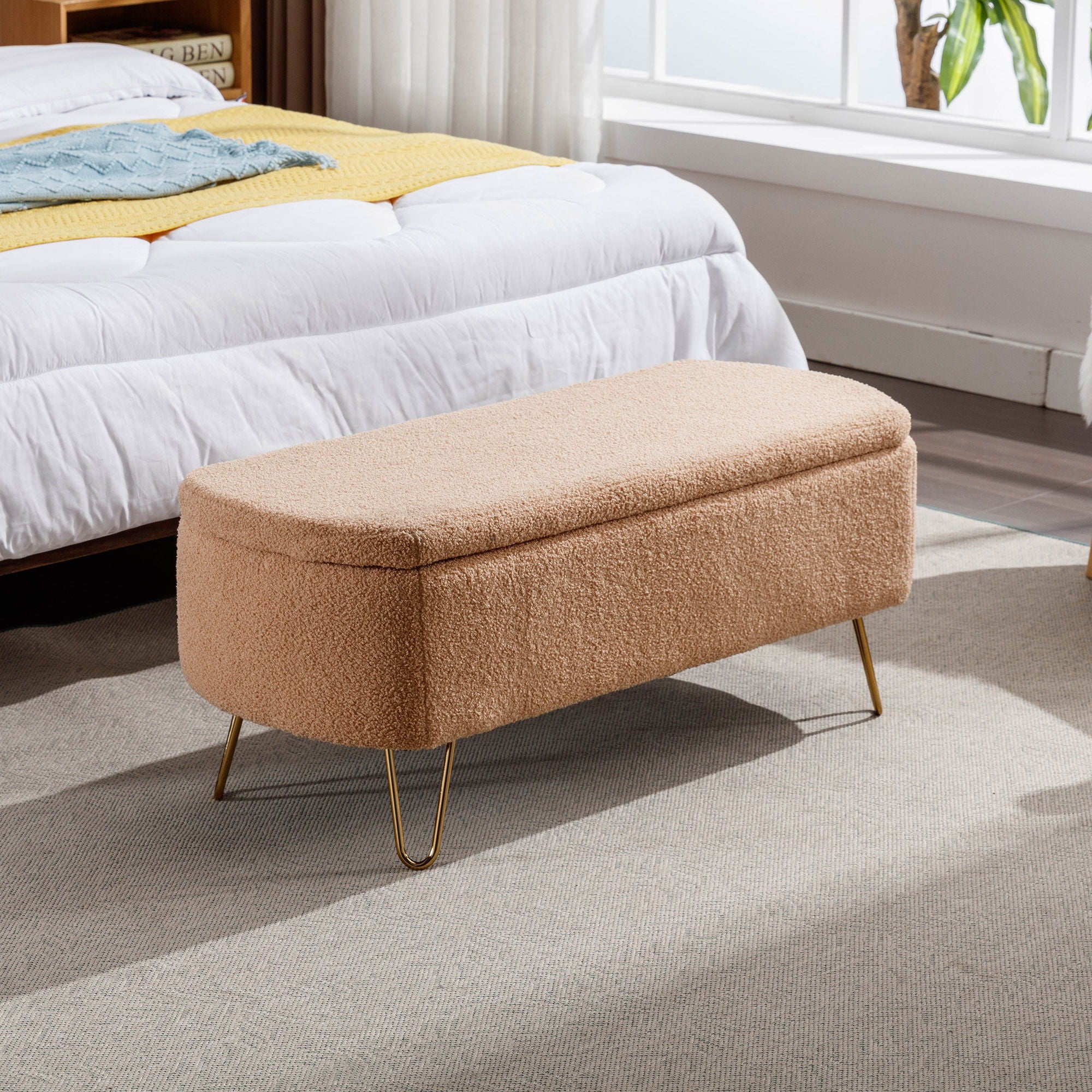 Storage Ottoman Bench For End Of Bed Legs, Modern Camel Faux Fur Entryway Bench Upholstered Padded With Storage For Living Room Bedroom