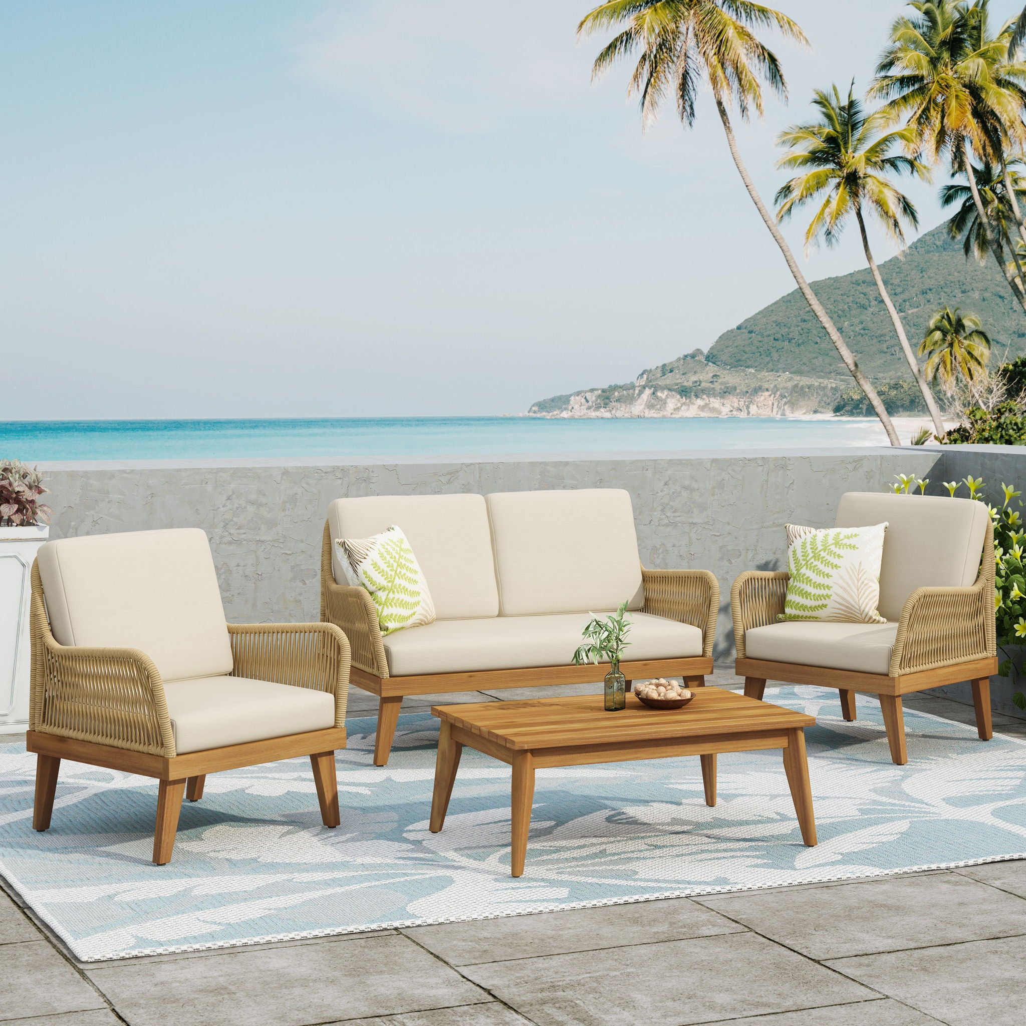 Hueber - Outdoor And Rope 4 Seater Chat Set With Cushions - Teak