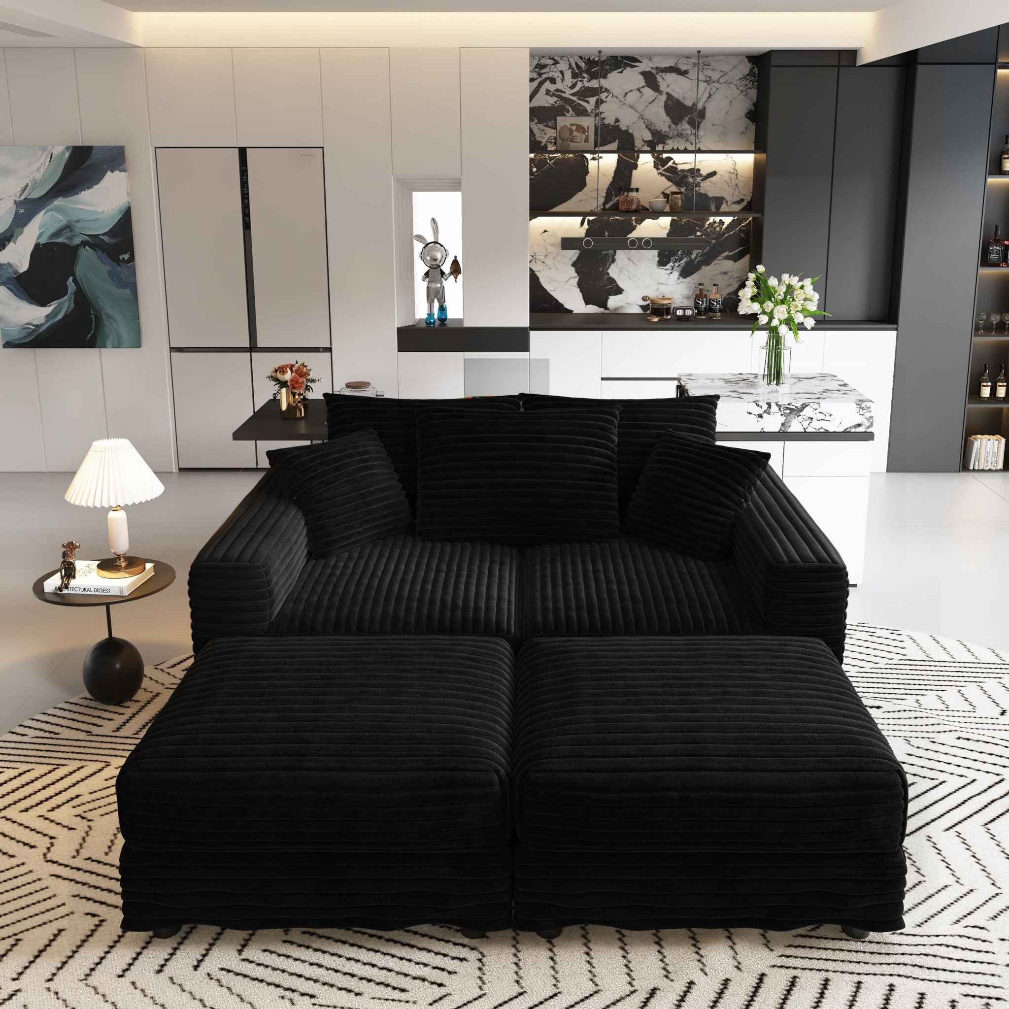 Deep Seat Convertible Sofa With Soft Pillows And Ottomans