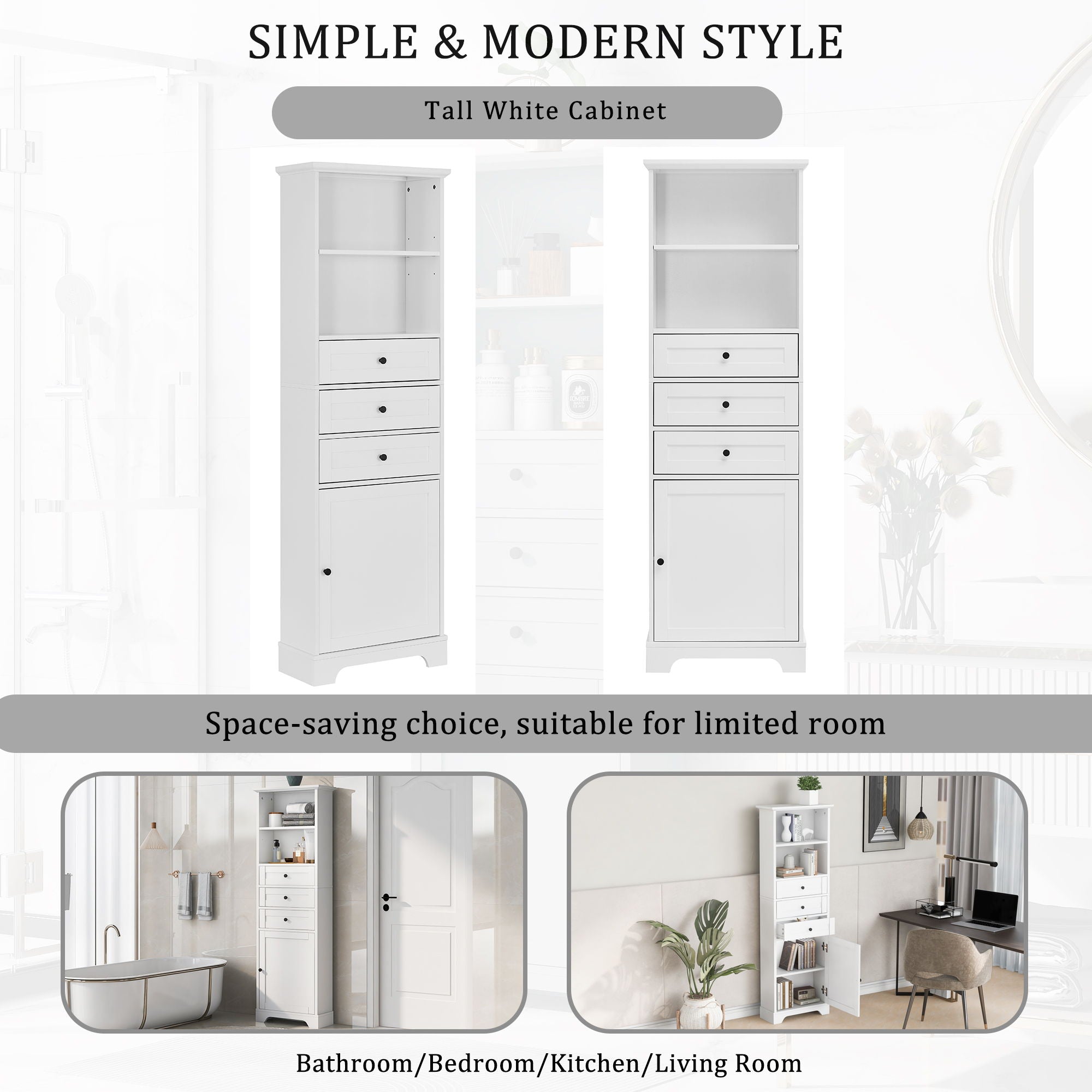 Tall Storage Cabinet With 3 Drawers And Adjustable Shelves For Bathroom