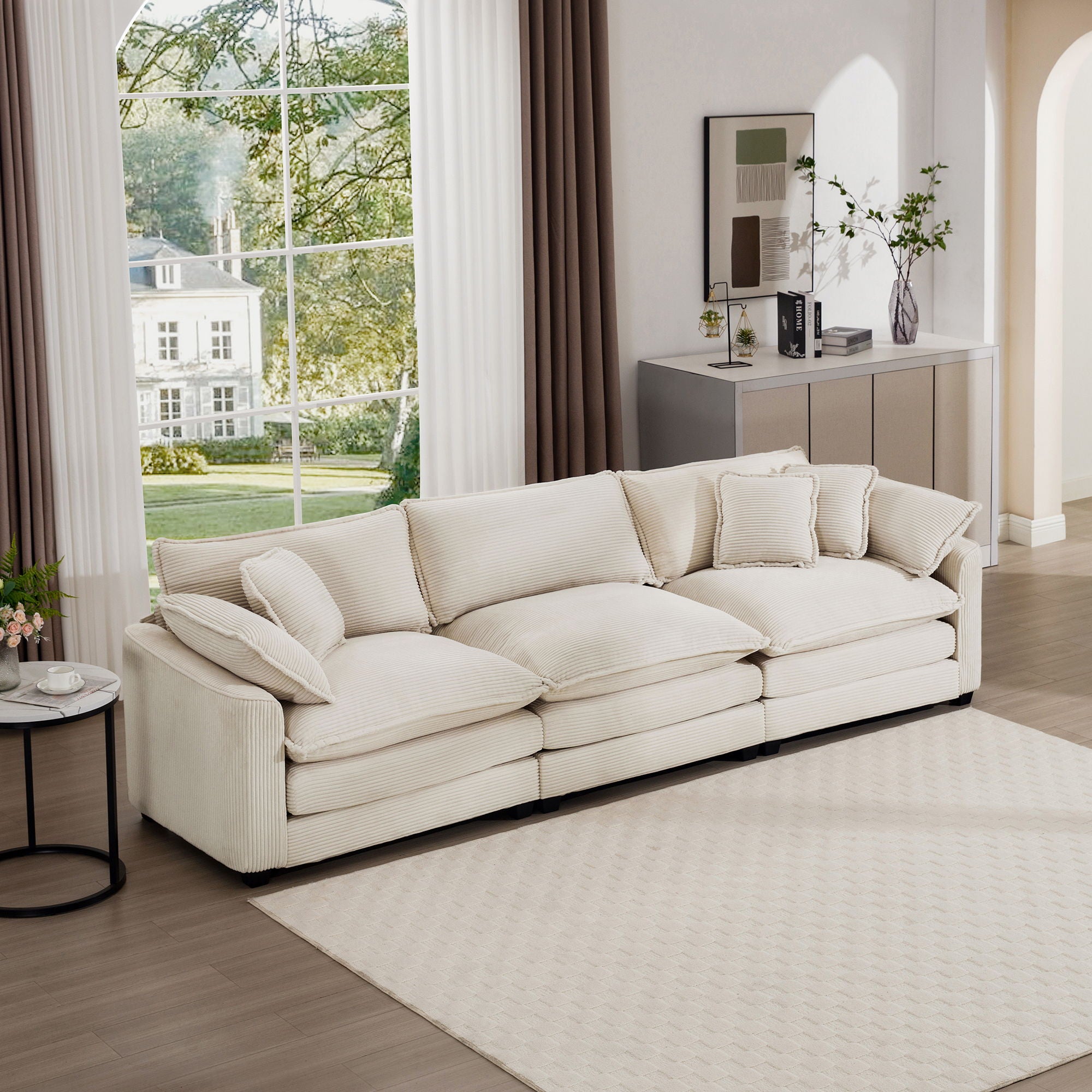 Mid-Century Modern 3 Seater Sectional Sofa With Arm And Throw Pillows