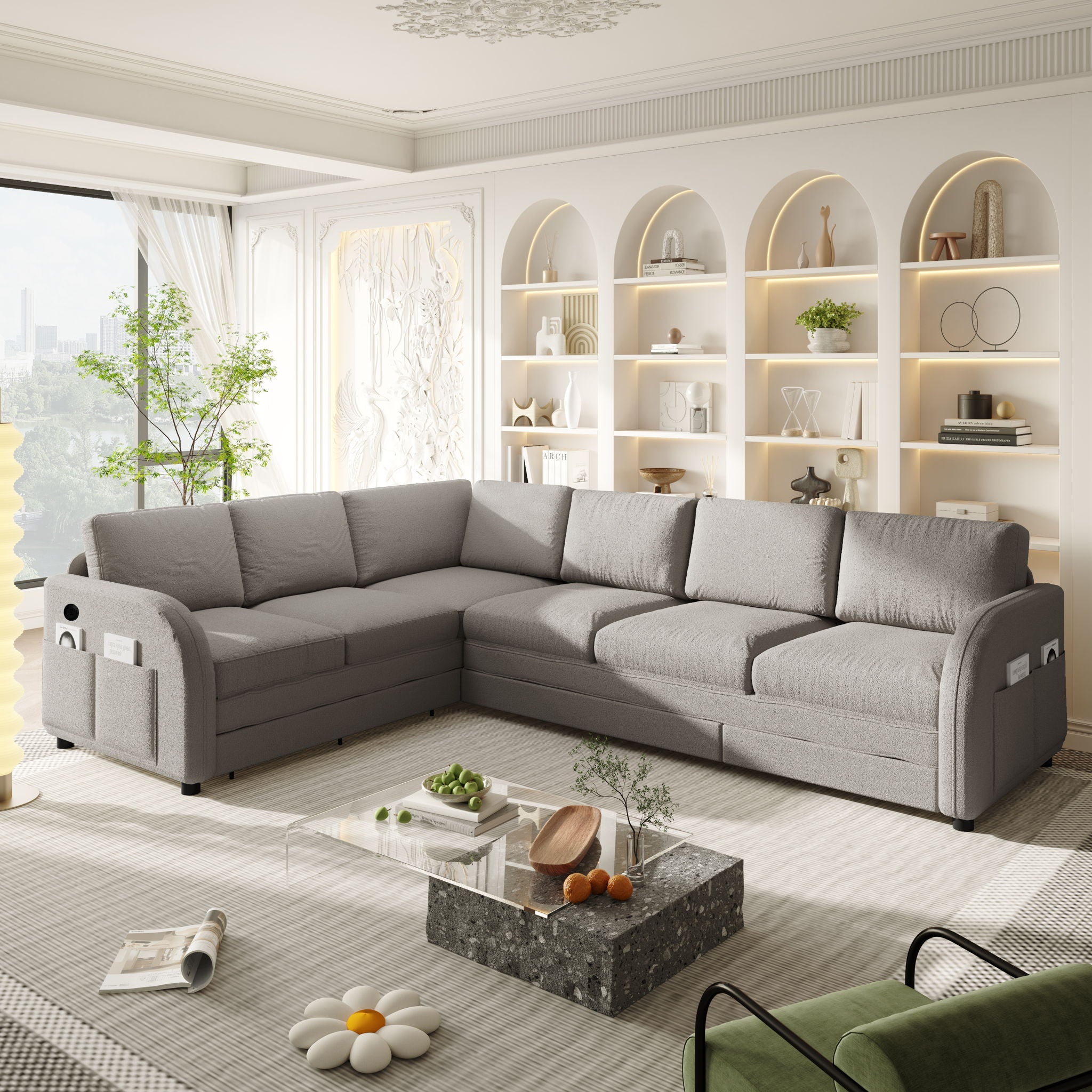 L-Shaped Couch With Pull-Out Bed, Convertible Sleeper Sofa With Side Pocket & USB Port