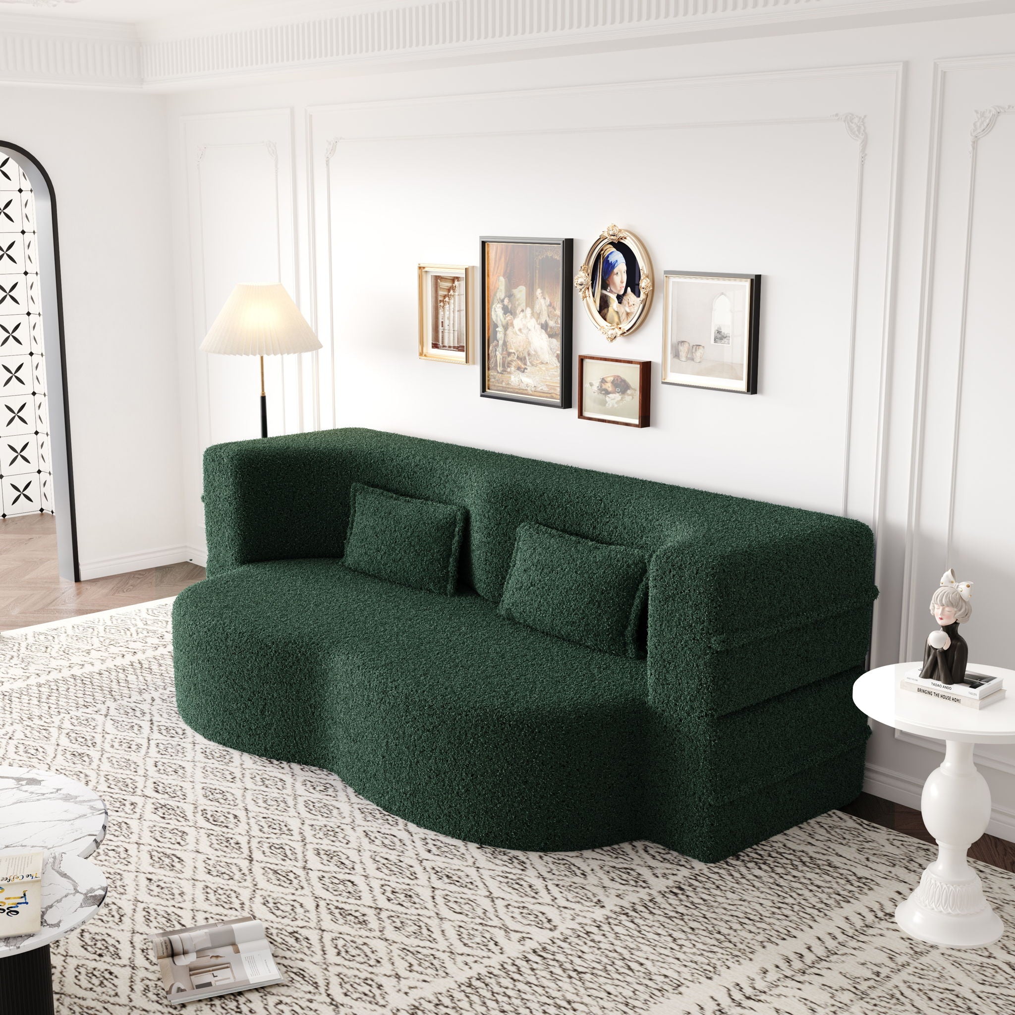 Modern Floor Sofa, With 2 Pillows, Convertible Teddy Fabric Foam Filled Bed