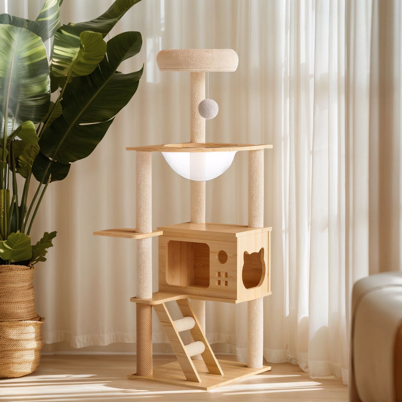 Modern Cat Tower, Wood Cat Tree Tower For Indoor Cats, Cat Tree With Sisal Covered Scratching Posts And Top Perch - Natural / White