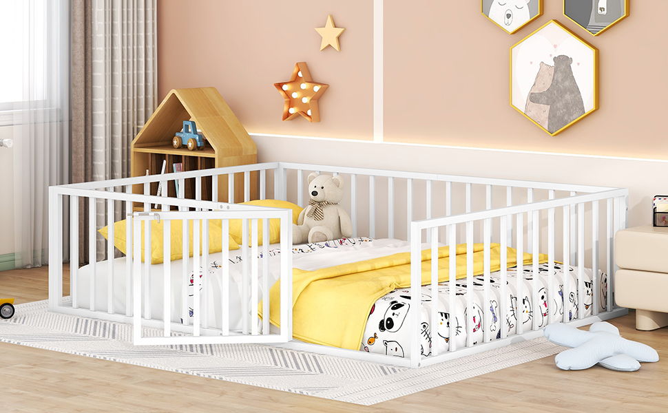 Metal Floor Bed Frame With Fence And Door