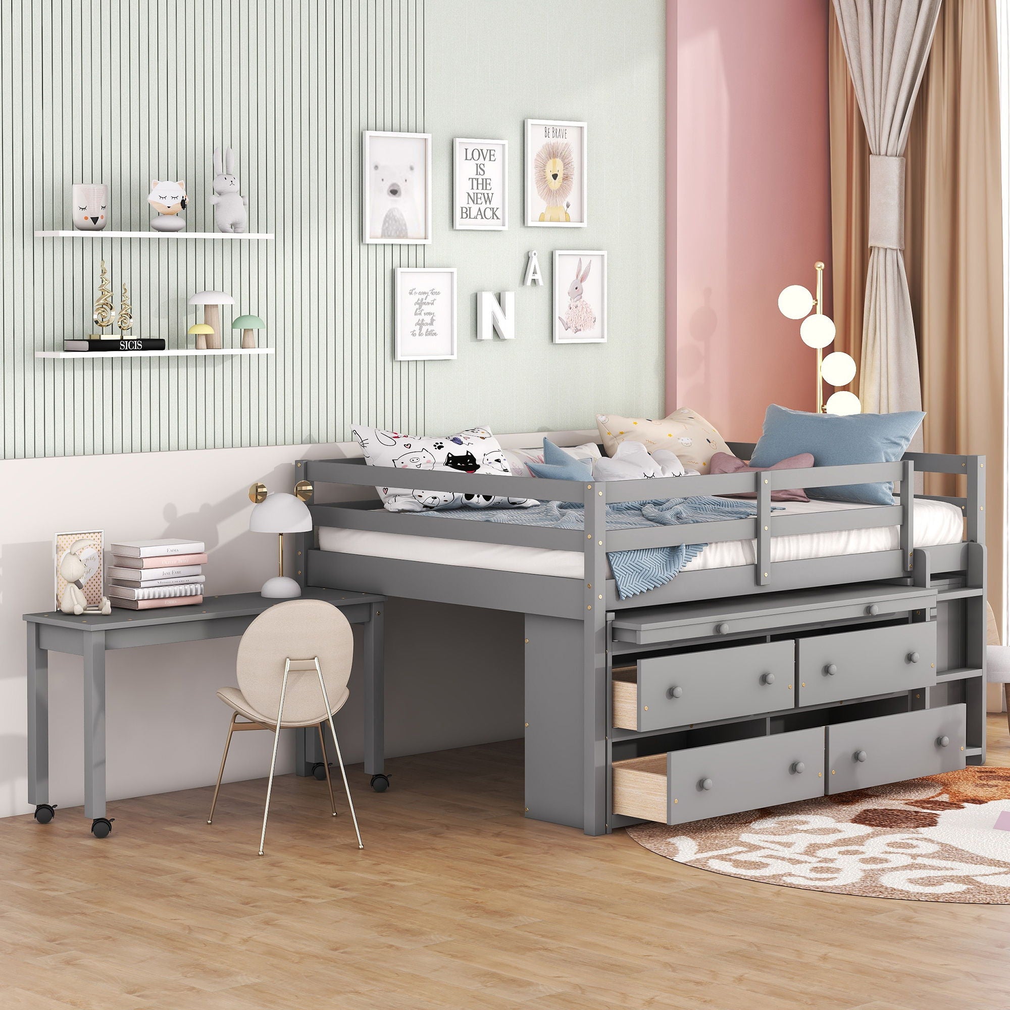 Loft Bed With Retractable Writing Desk And 4 Drawers, With Lateral Portable Desk And Shelves