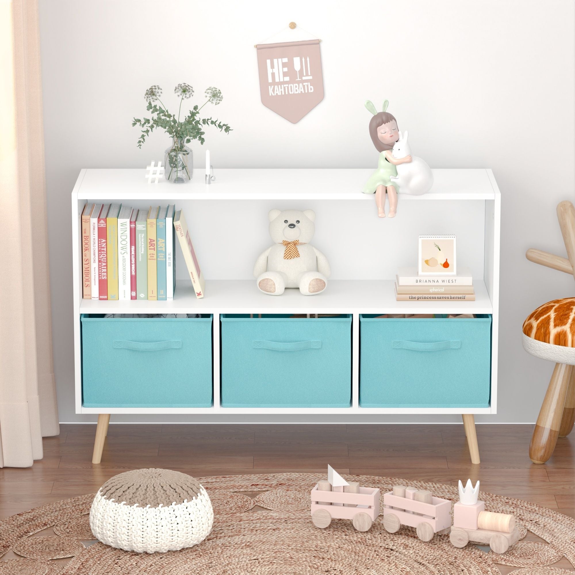 Bookcase With Collapsible Drawers, Book Display Storage Cabinet Organizer - White / Blue
