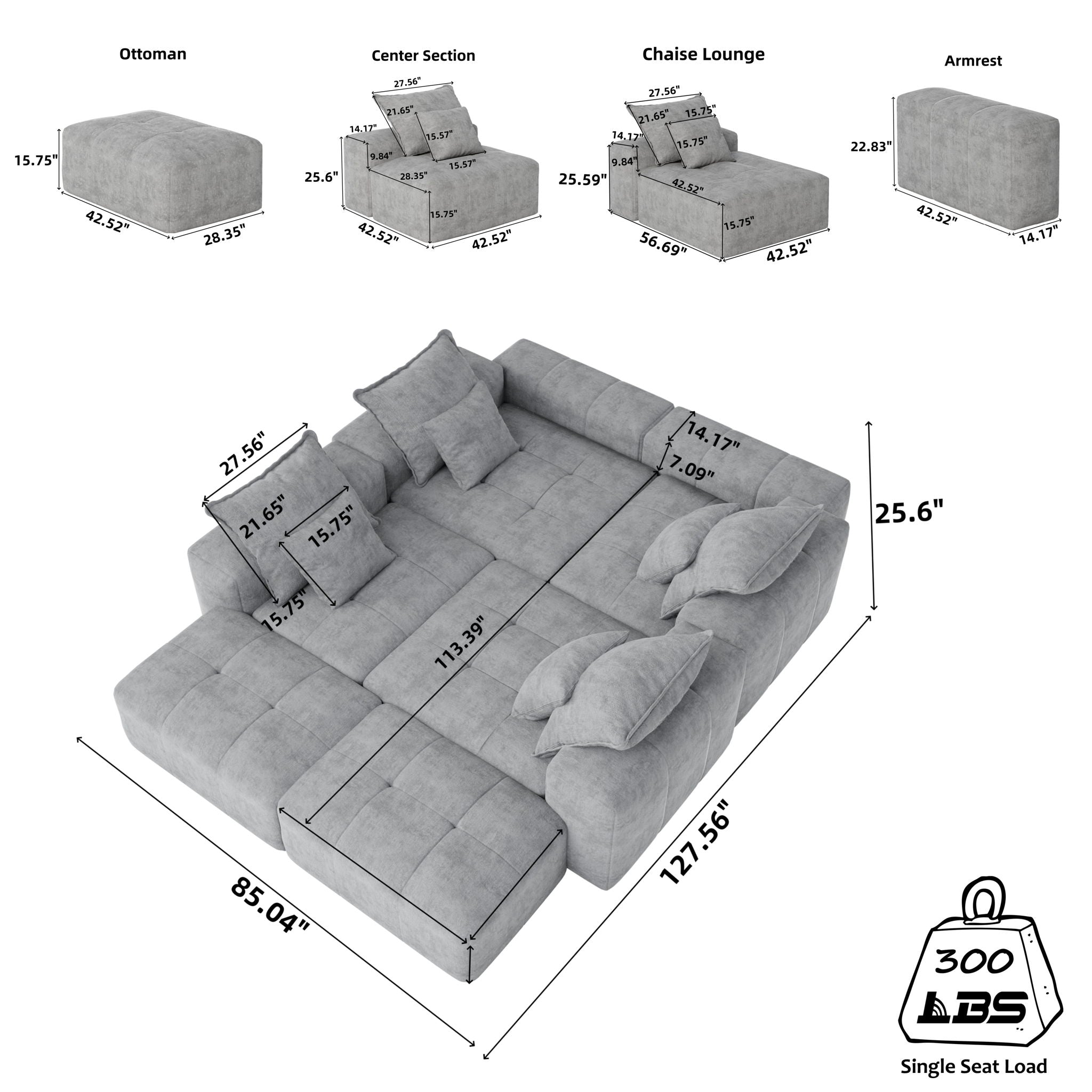 Modern Oversized, Modular Sectional Sofa With Pillows