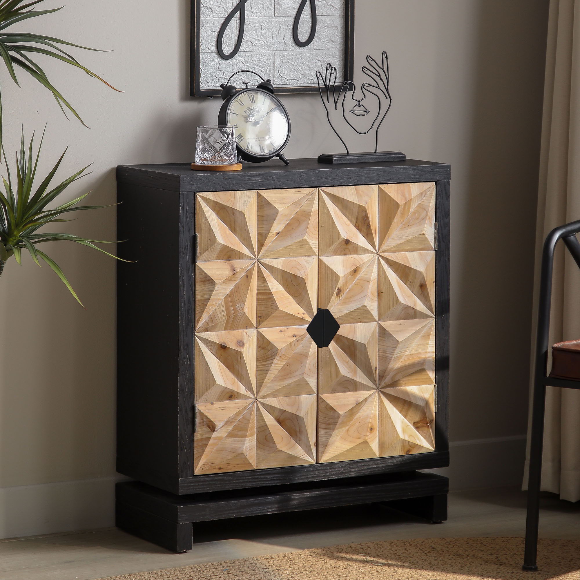 2 Door Accent Storage Cabinet With Diamond Handle - Black / Natural