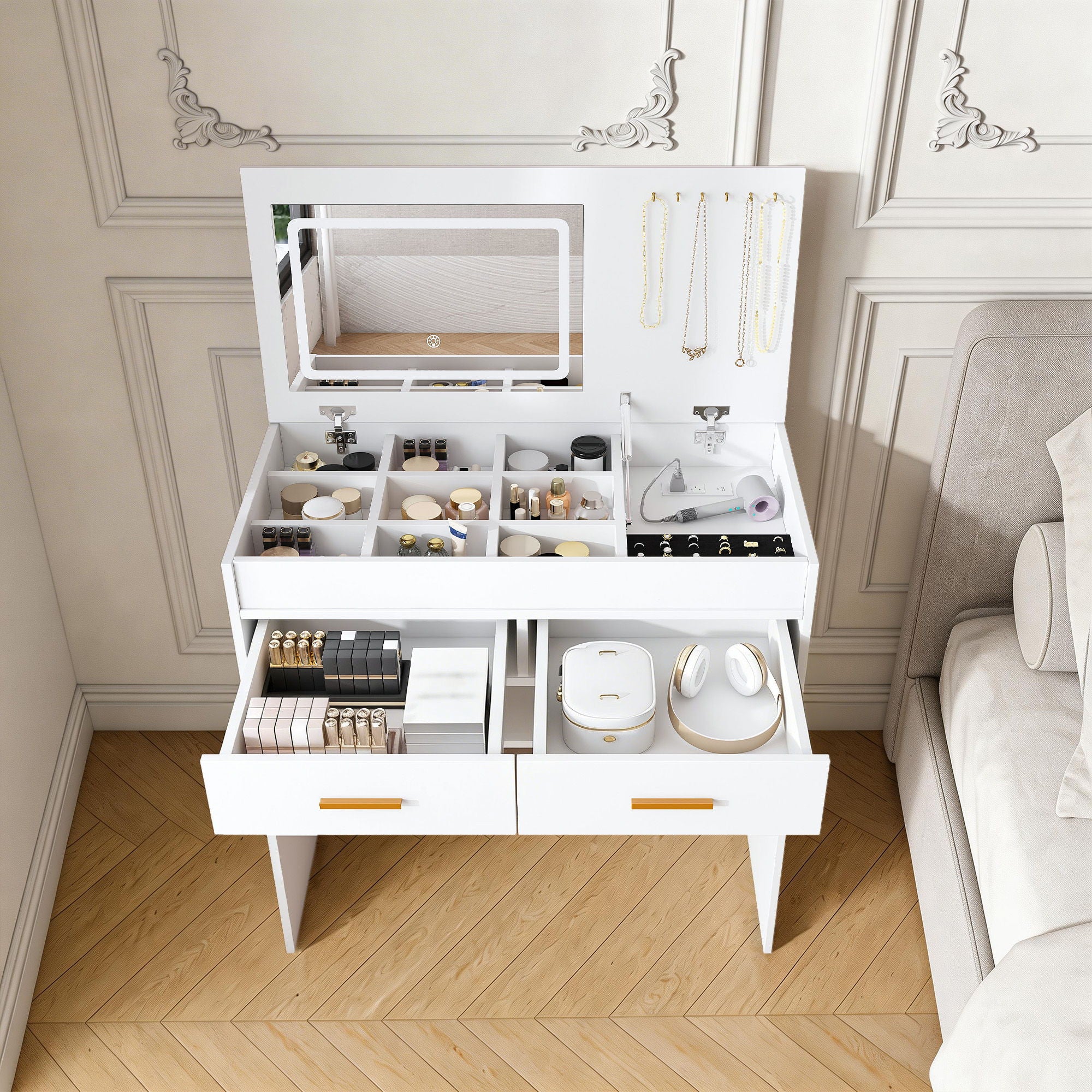 Flip Top Vanity Desk With LED Mirror & Outlet Makeup Table With 2 Drawers, Open Storage, And Jewelry Hooks - White