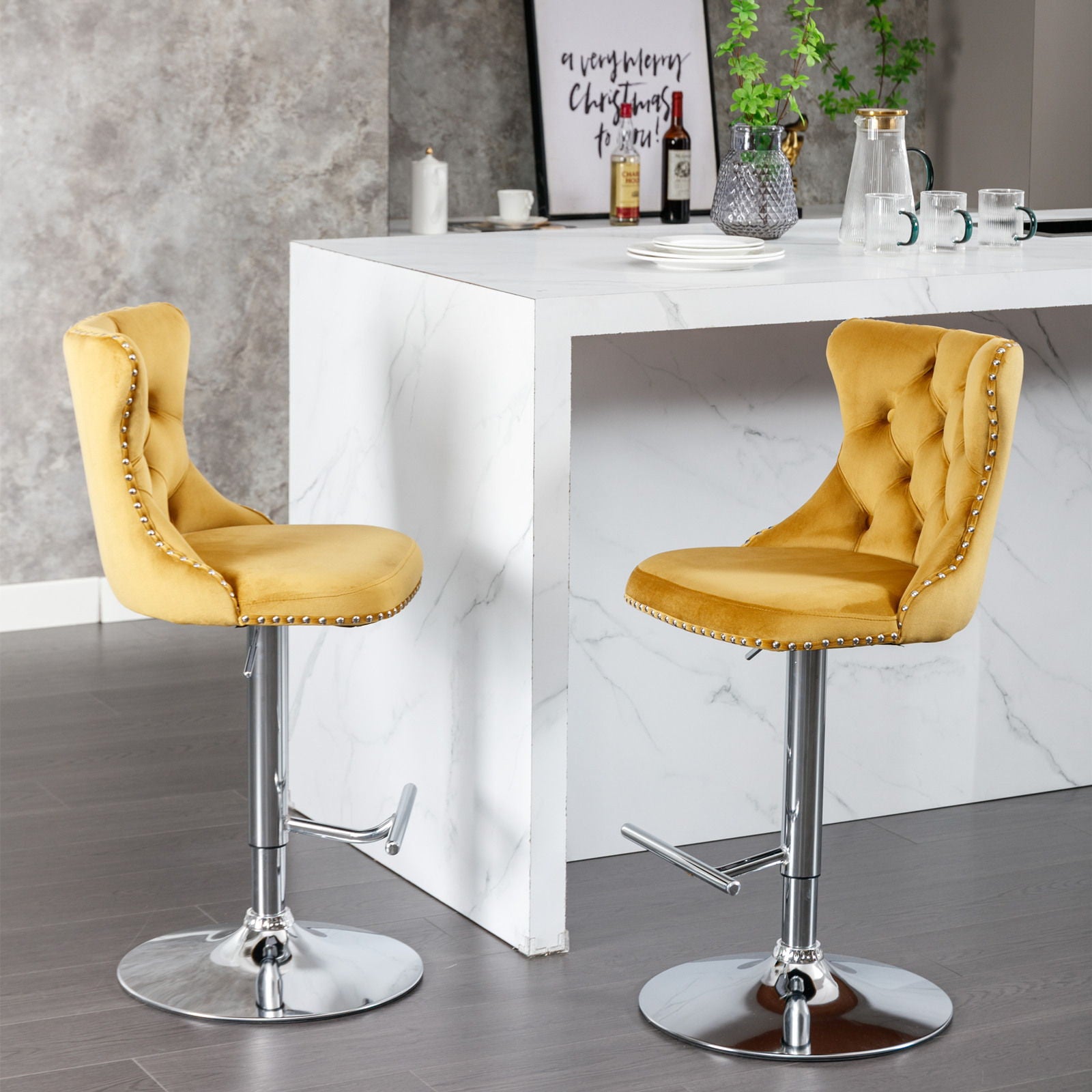 Swivel Barstools Adjusatble Seat Height From 25-33", Modern Upholstered Base Bar Stools With Backs Comfortable Tufted For Home Pub And Kitchen Island (Set of 2)