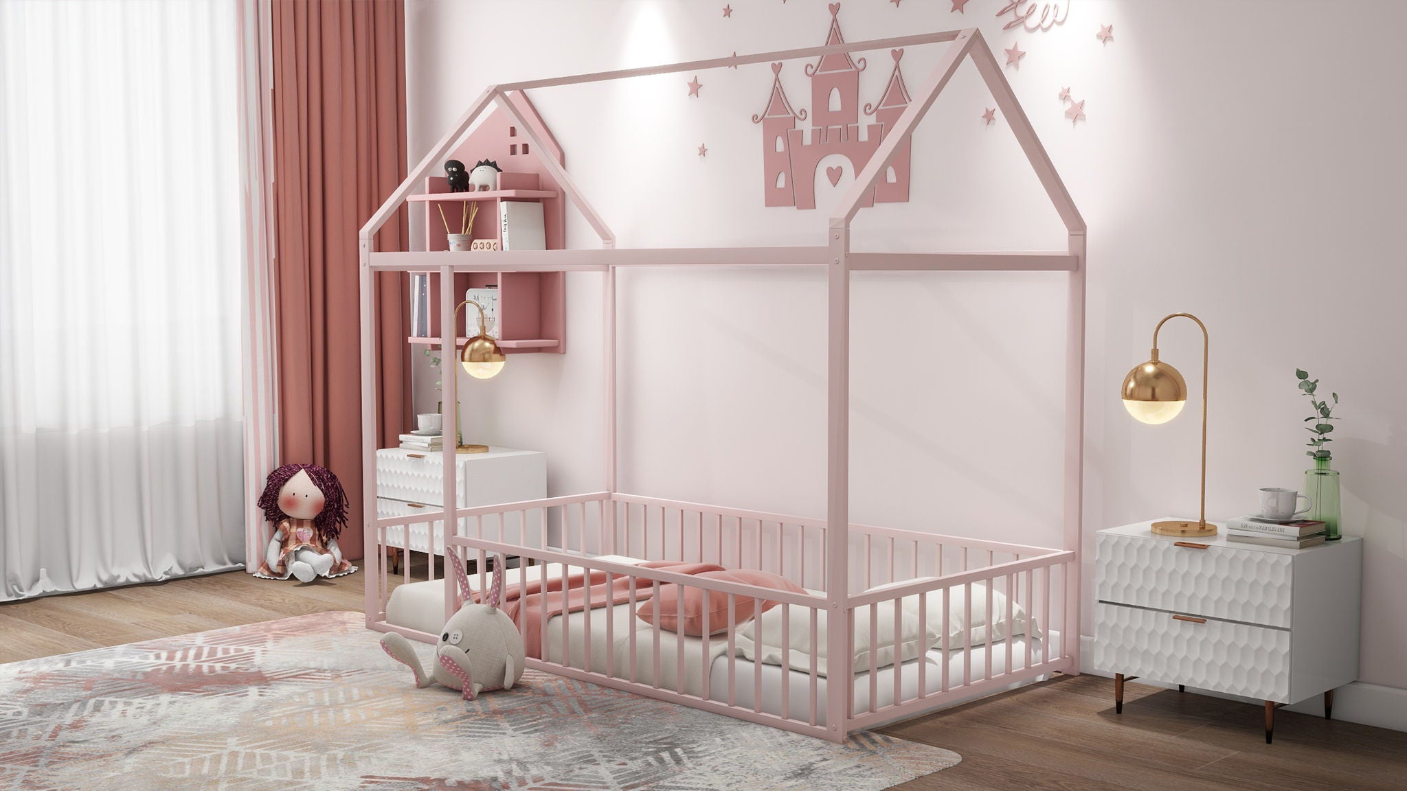 Metal Bed House Bed Frame With Fence