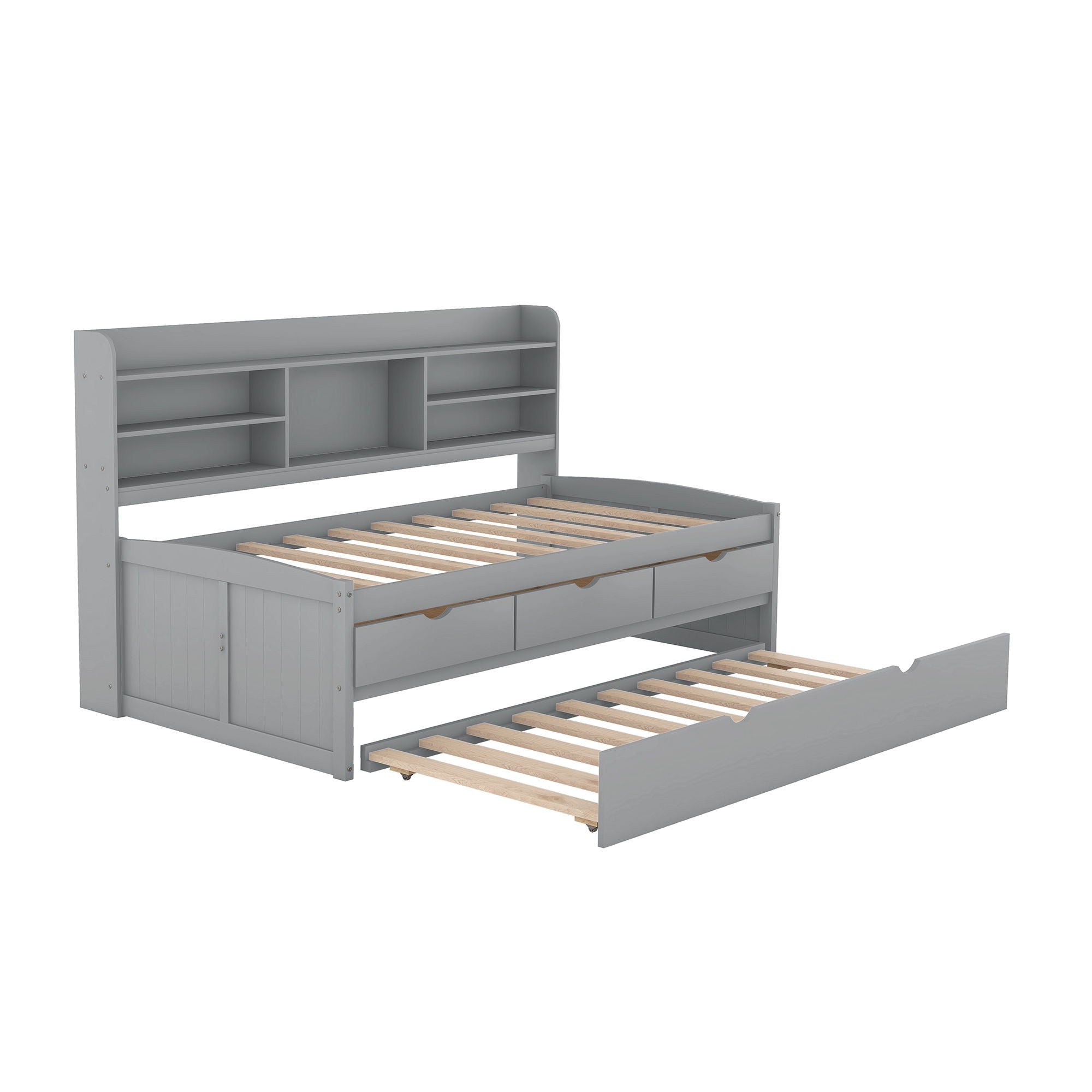 Captain Bed With Built In Bookshelves, 3 Storage Drawers, And Trundle