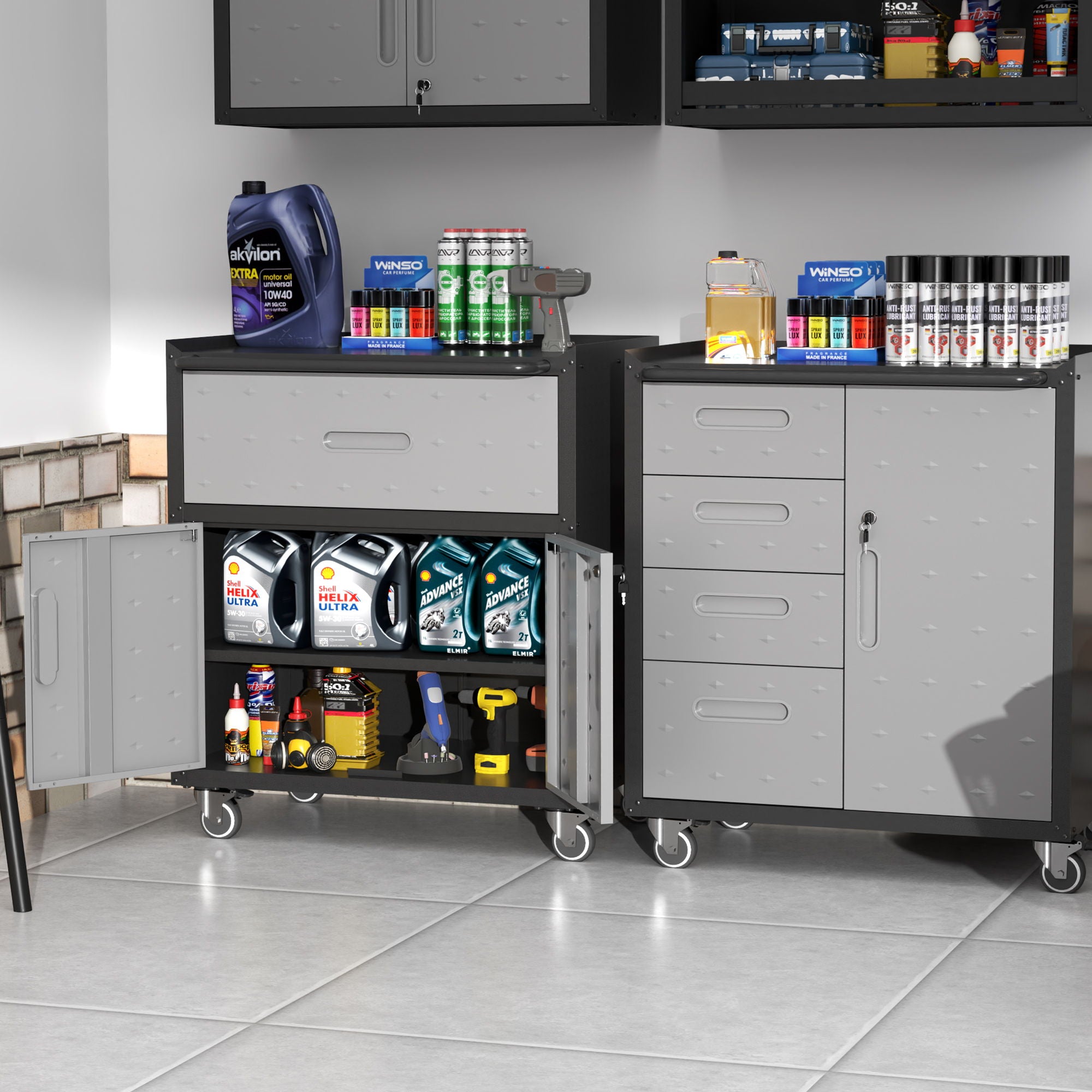 Sturdy And Durable Metal Tool Cabinet For Garage With Wheels Mobile Heavy Duty Storage Cabinet With 1 Drawer And 2 Locking Doors