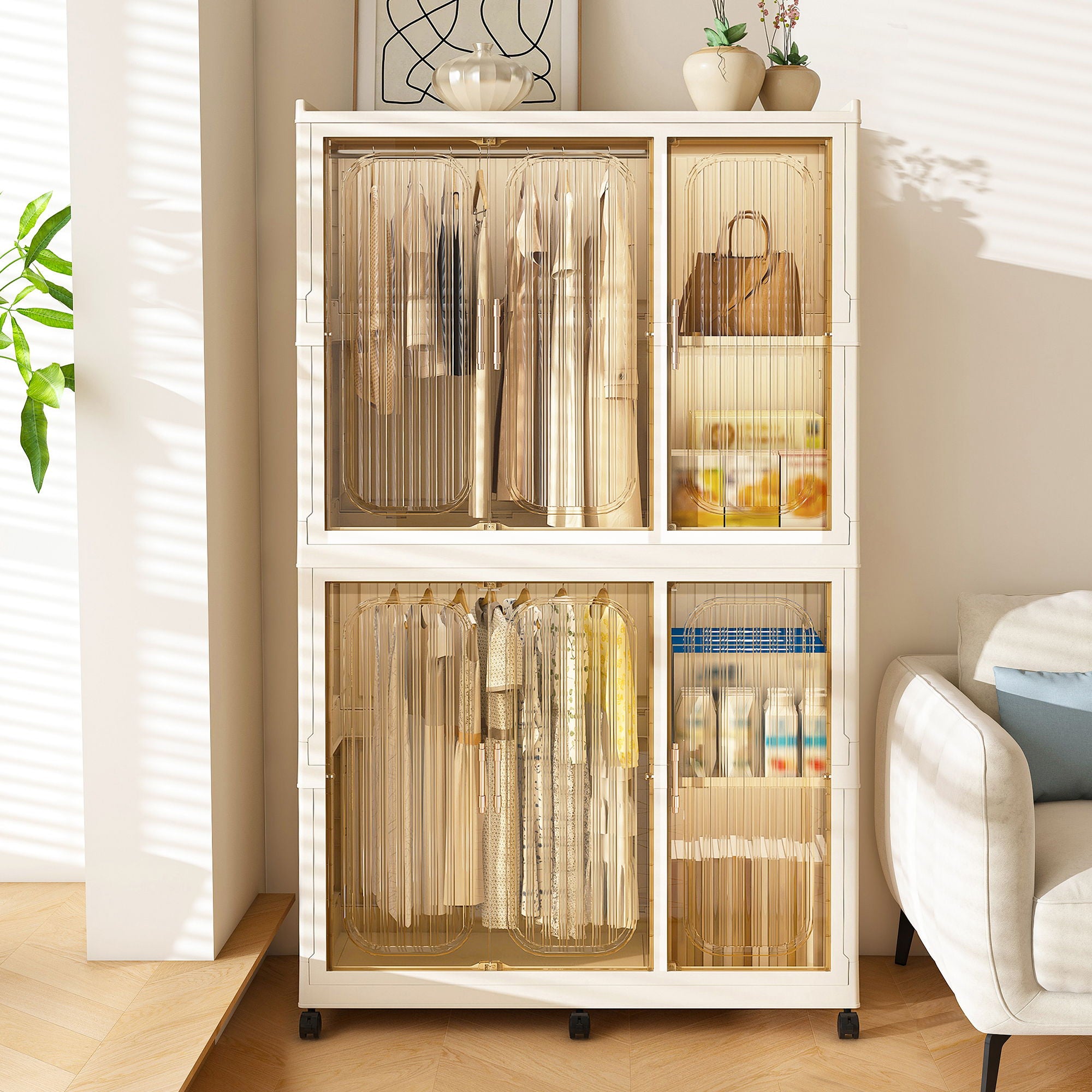 Portable Wardrobe Closet Storage Organizer For Clothes, 6 Magnetic Doors With 6 Cubes & 2 Hanging Rods, 6 Hangers - Cream White