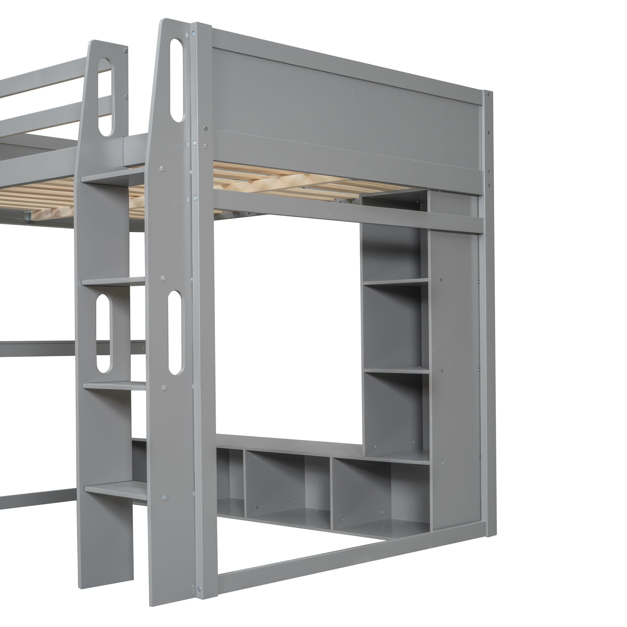 Gaming Loft Bed With Desk, Multi Storage Shelves, LED Lighting, And Hanging Clothes Rack