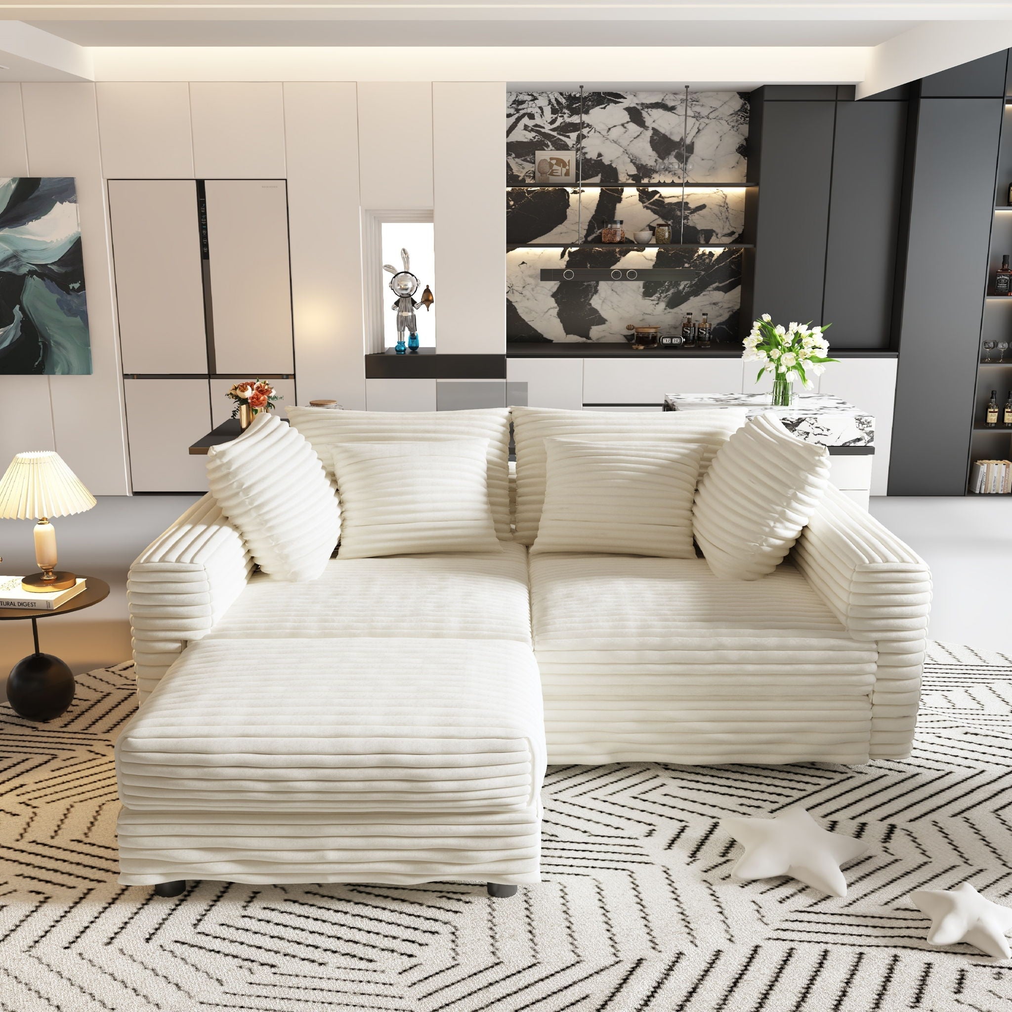 4 Seat Sofa With Soft Pillows And Movable Ottoman