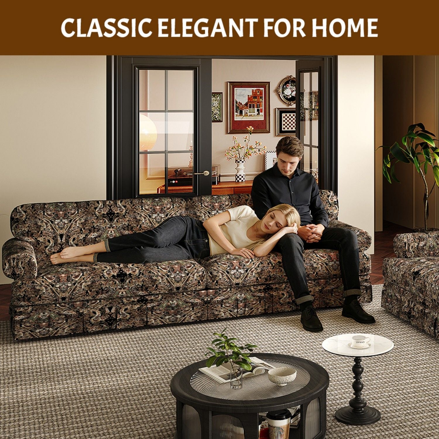 Luxuriously Comfortable Cloud Couch Sofa With Elegant Rolled Arms & Pleated Skirt Design