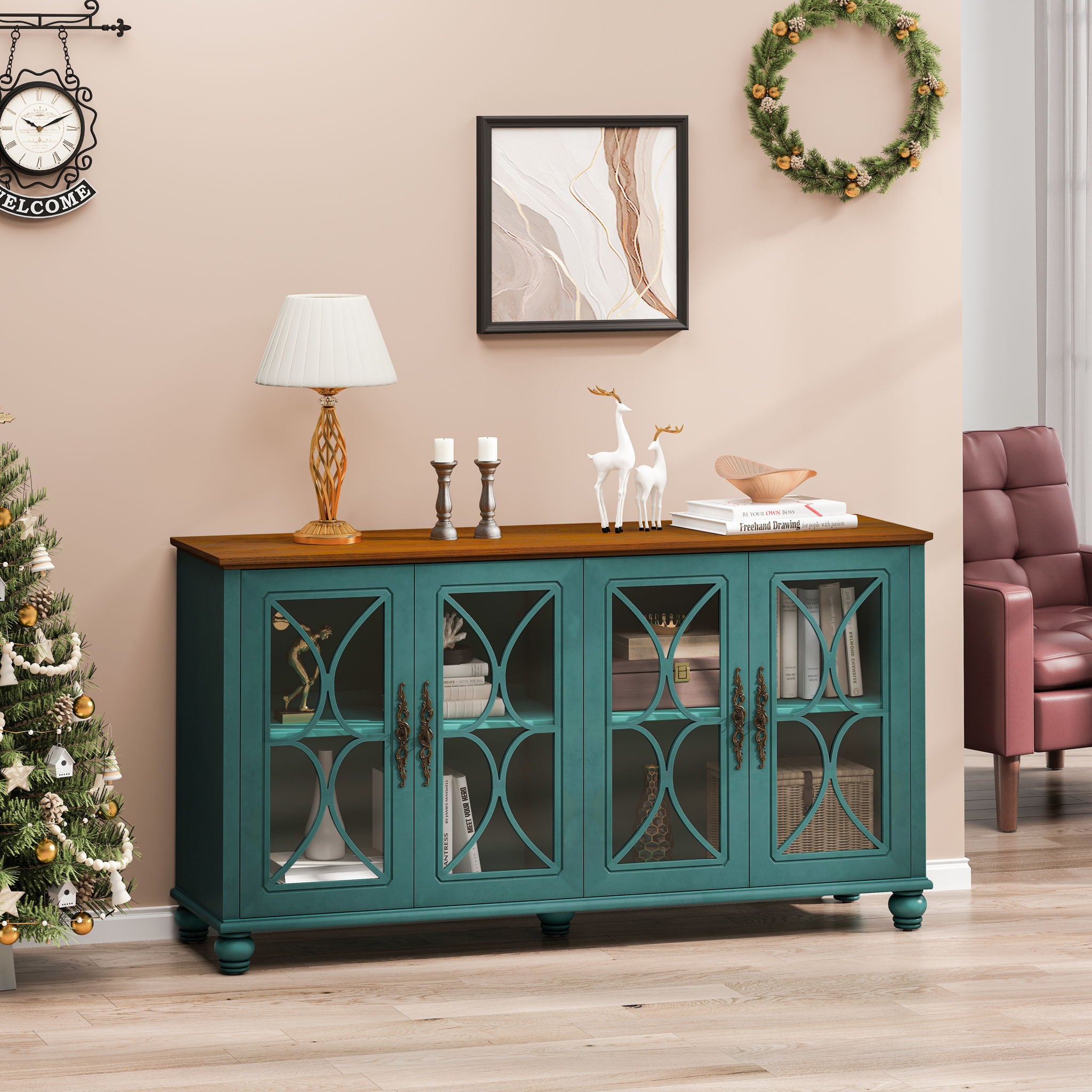 Elegant 4 Door Cabinet With Tempered Glass Doors