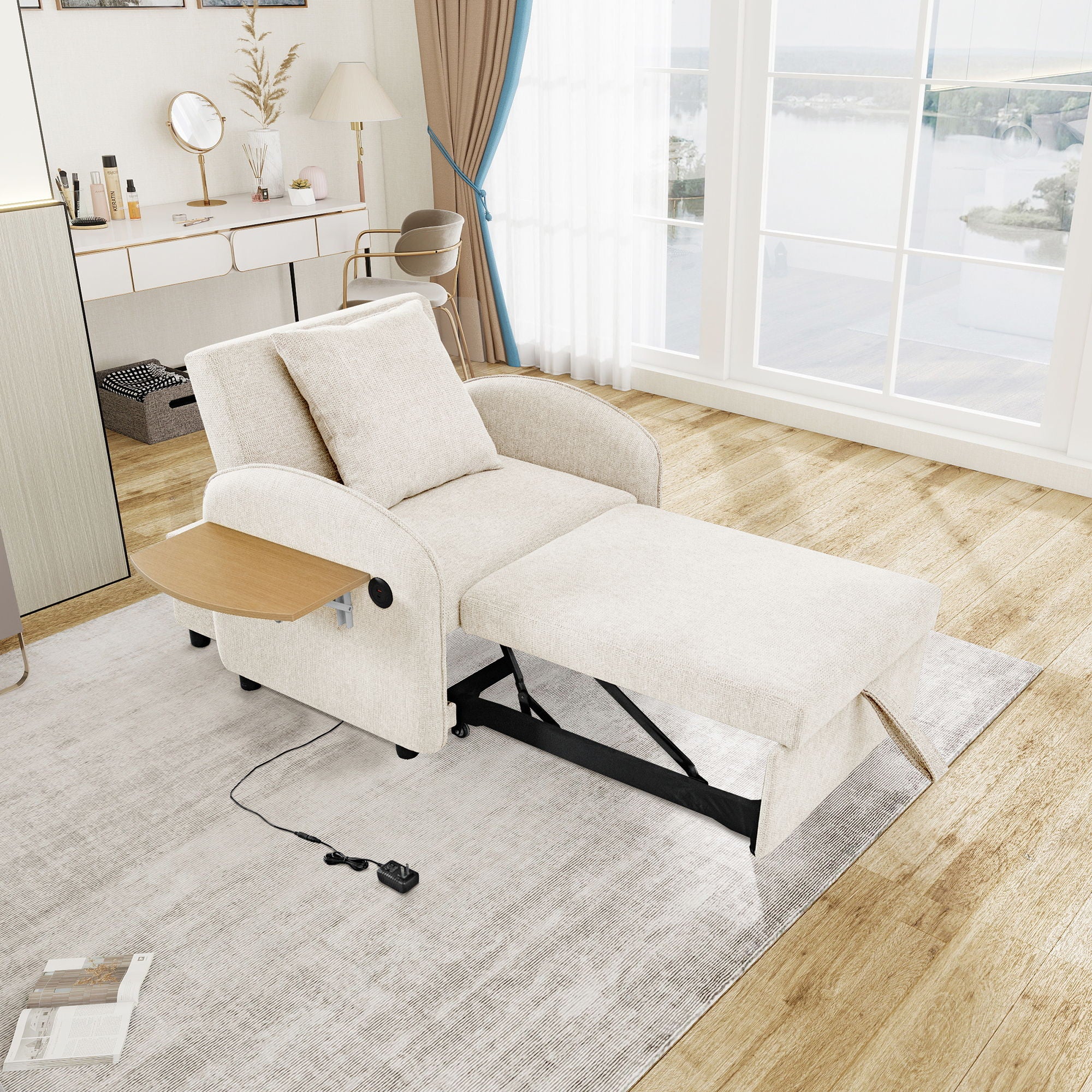 Convertible Single Chair Bed With Computer Board And USB Ports, 3 In 1 Sofa Bed - Beige