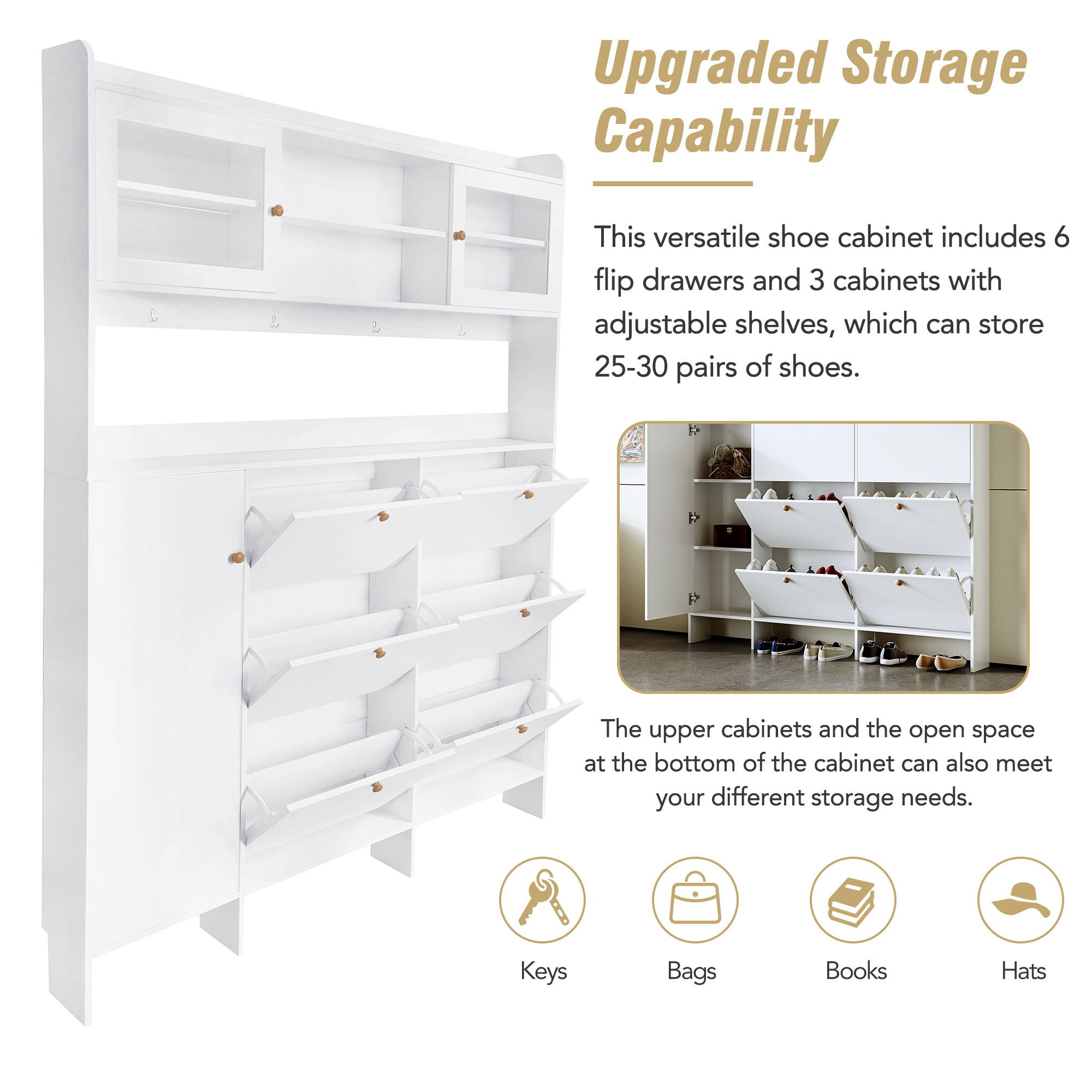 On Trend Multifunctional Tipping Bucket Shoe Cabinet With Storage Shelf & 6 Flip Drawers