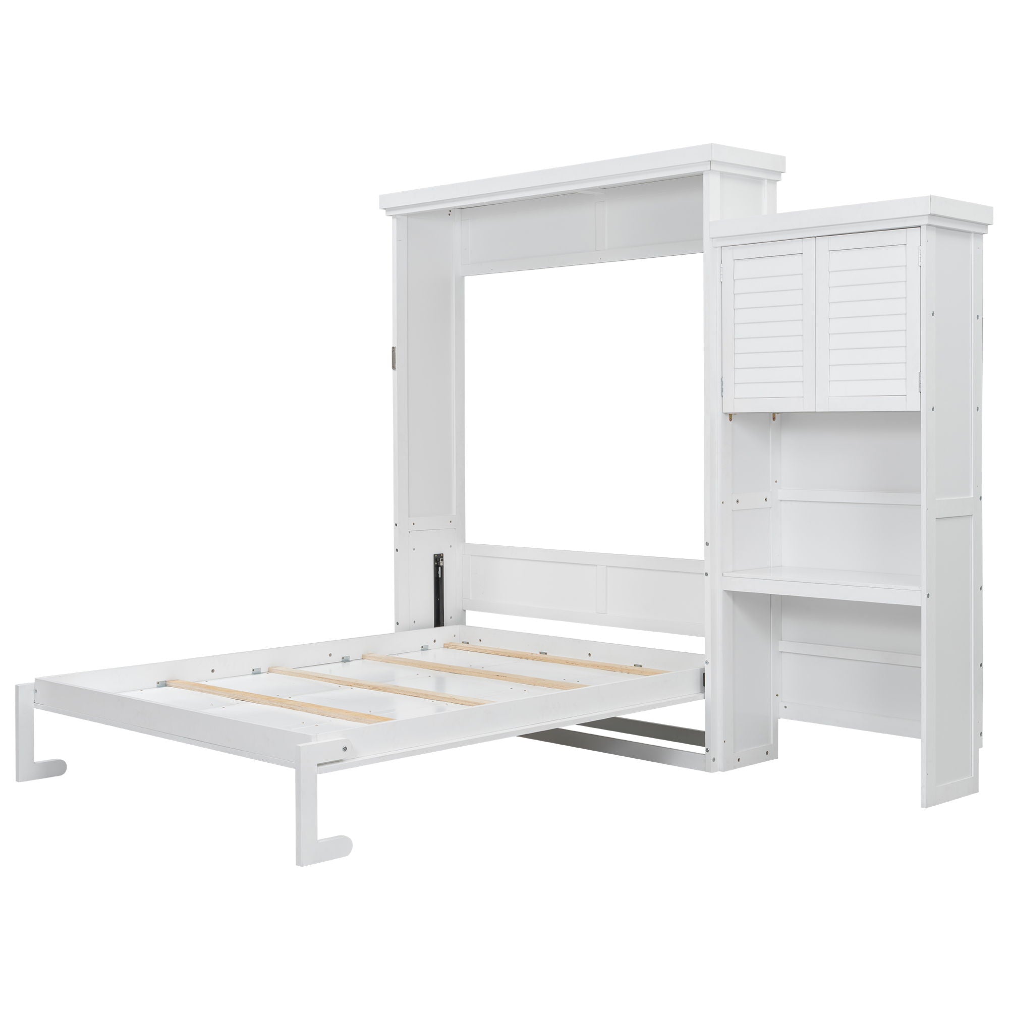 Queen Size Murphy Bed With Louvered Design And Multiple Storage Shelves - White