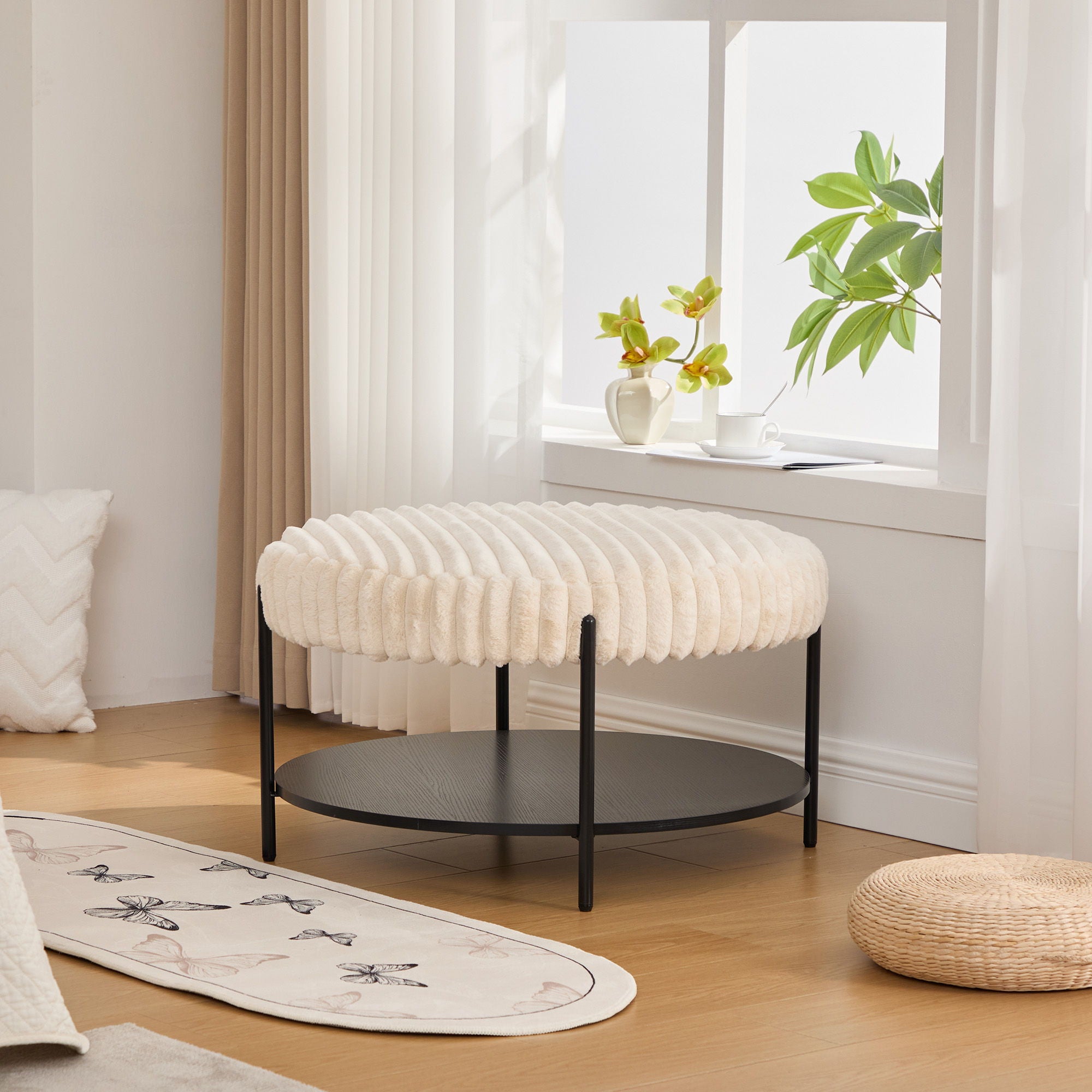 Modern Upholstered Round Ottoman Coffee Table With Storage Shelf
