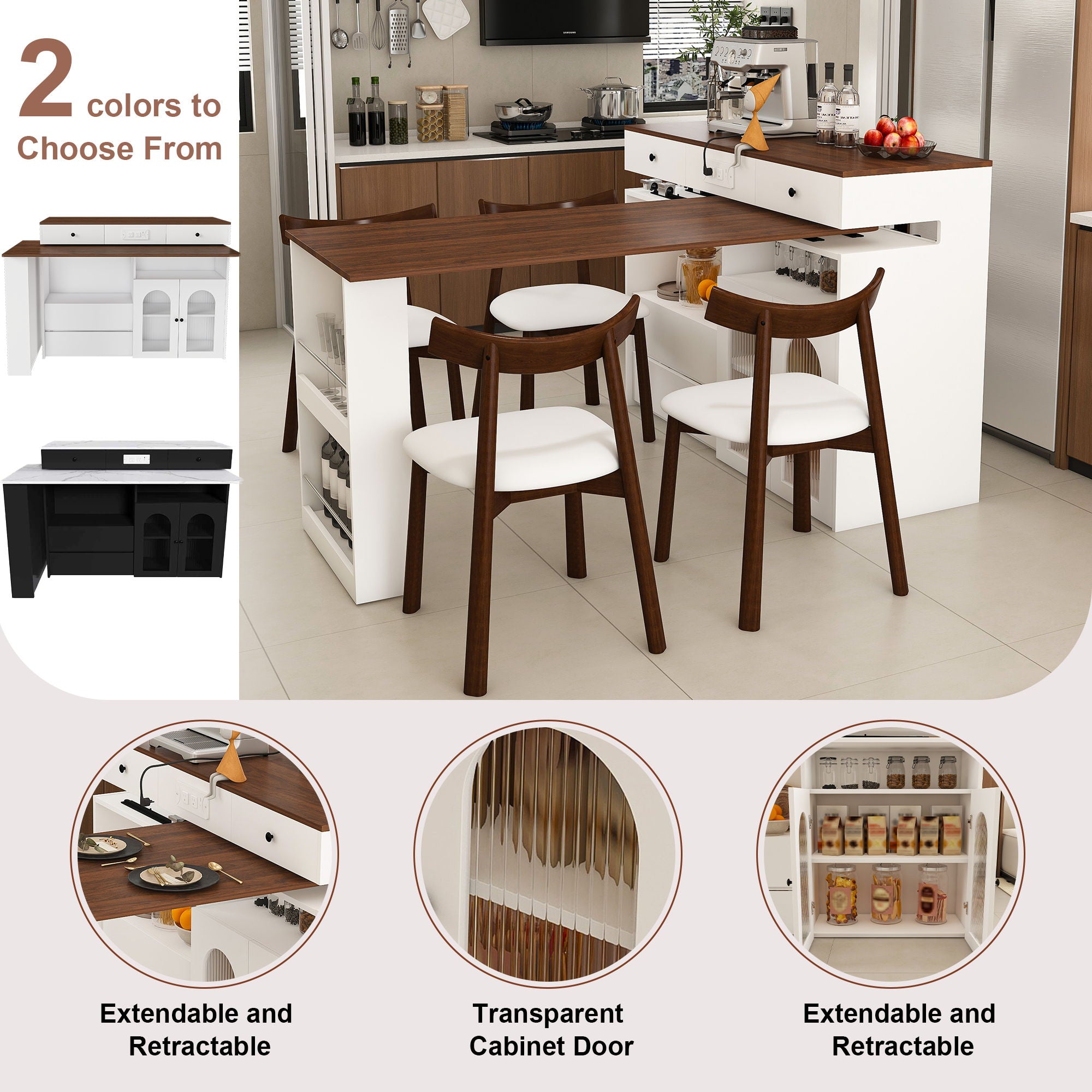 Retro Kitchen Island Set With Chairs, Extendable & Rotating Table, 4 Drawers & Door Cabinets