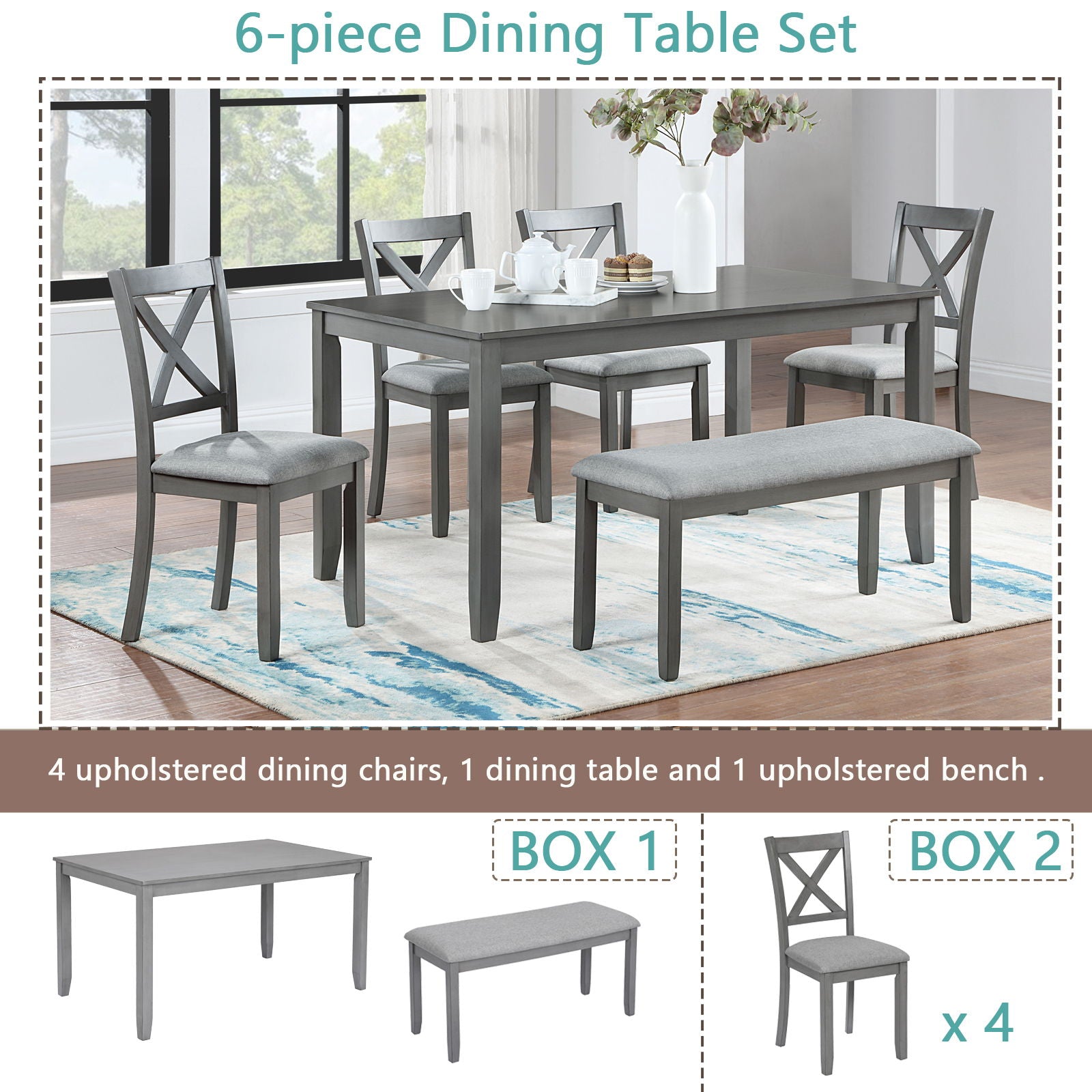 6 Pieces Kitchen Dining Set, Rectangular Wooden Dining Table With 4 Chairs And A Bench