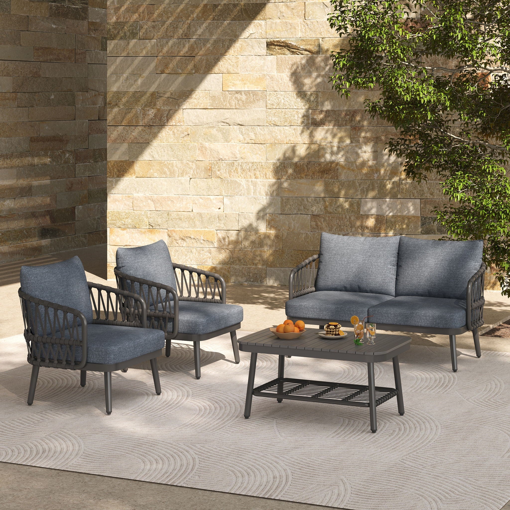 4 Piece Outdoor Patio Furniture Set, Metal Chairs With Woven Rope U Shaped Backrest
