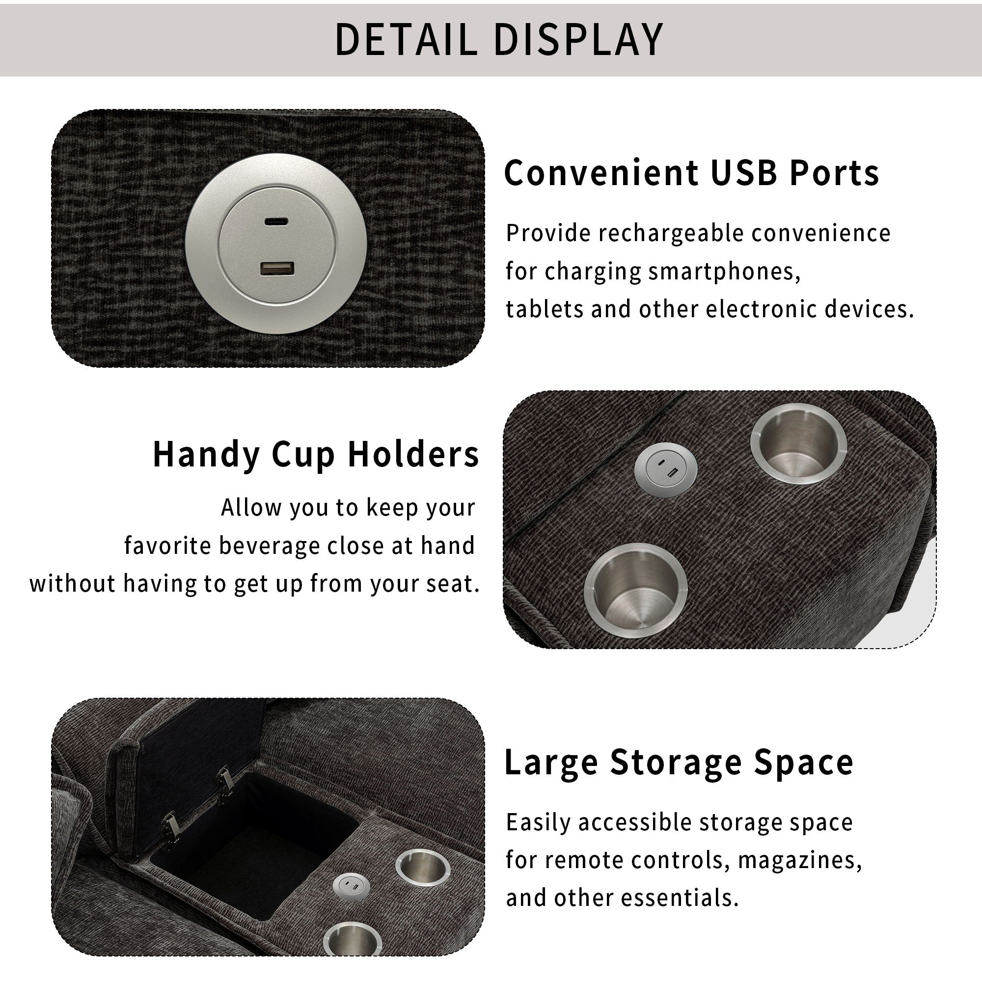 Modern Sectional Sofa With Removable Ottomans, USB Ports