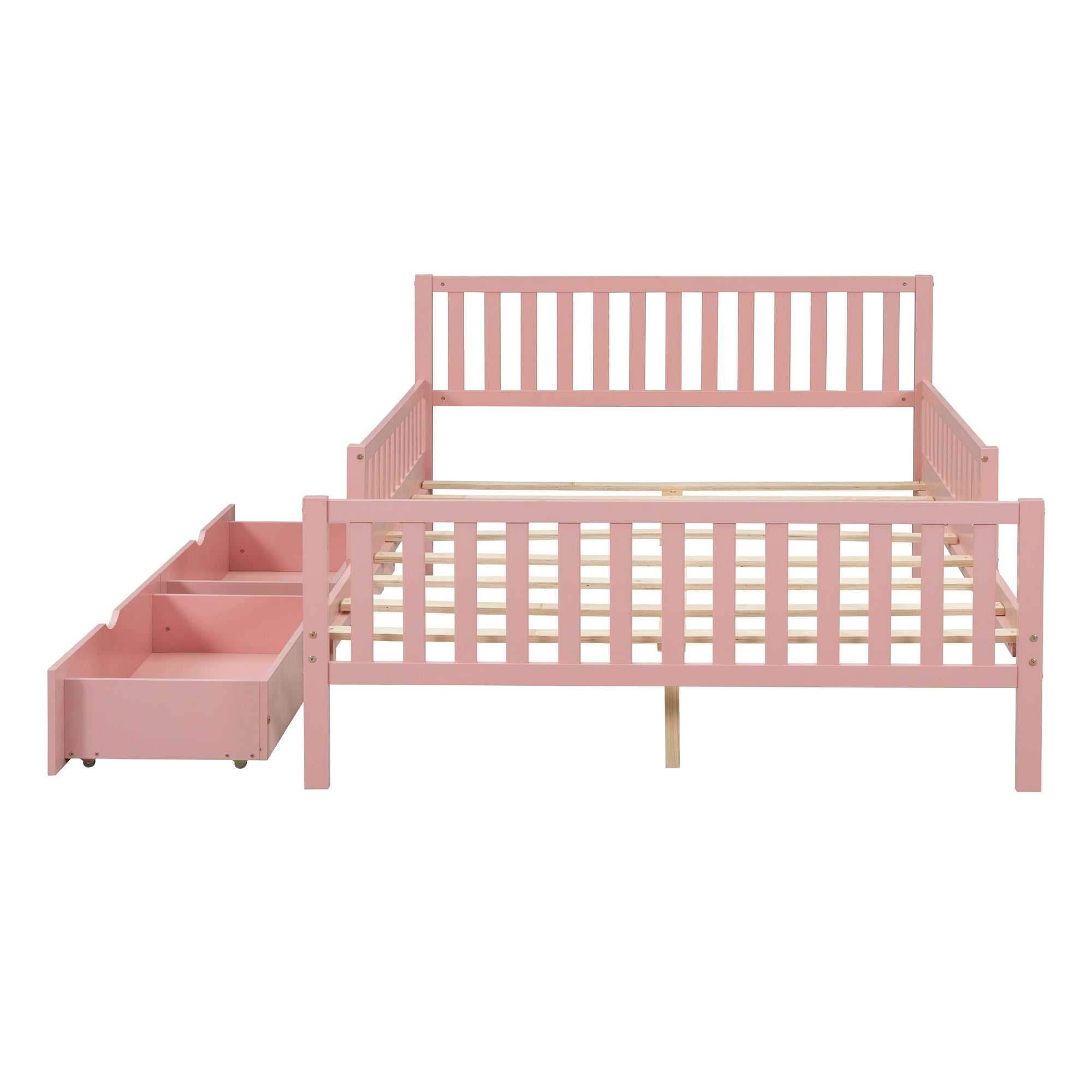 Platform Bed With Guardrails On Both Sides And 2 Storage Drawers