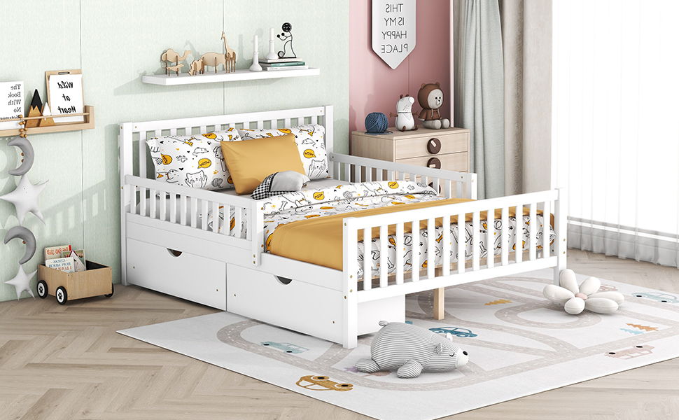 Platform Bed With Guardrails On Both Sides And 2 Storage Drawers