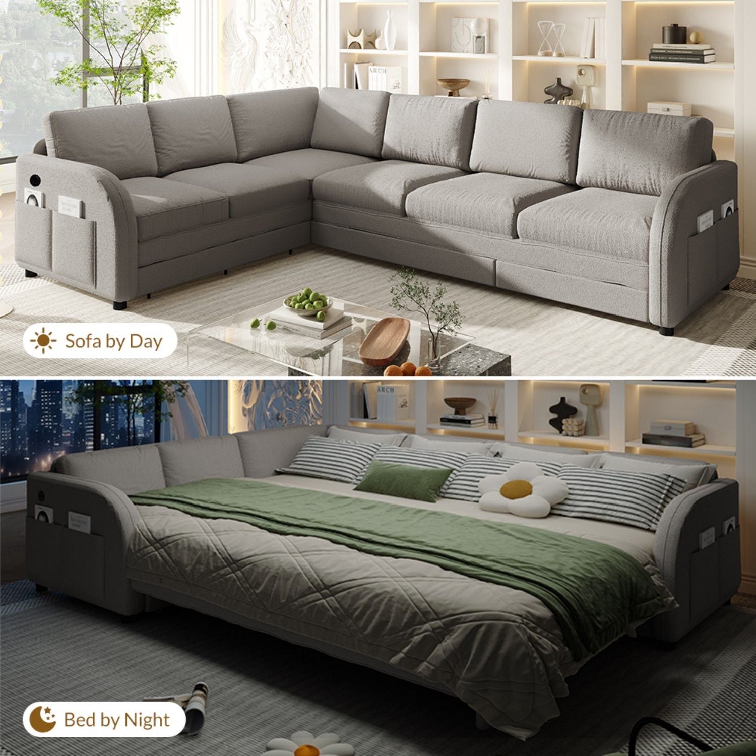 L-Shaped Couch With Pull-Out Bed, Convertible Sleeper Sofa With Side Pocket & USB Port