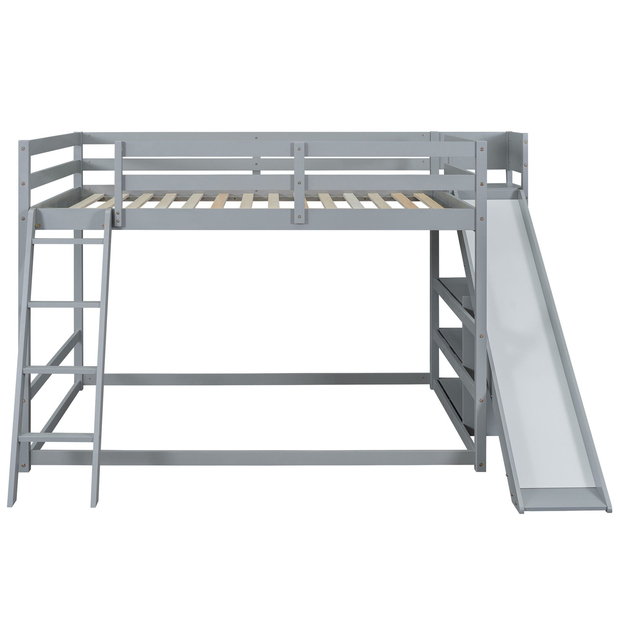Bunk Bed With Ladder, Slide, And Shelves Pine Wood