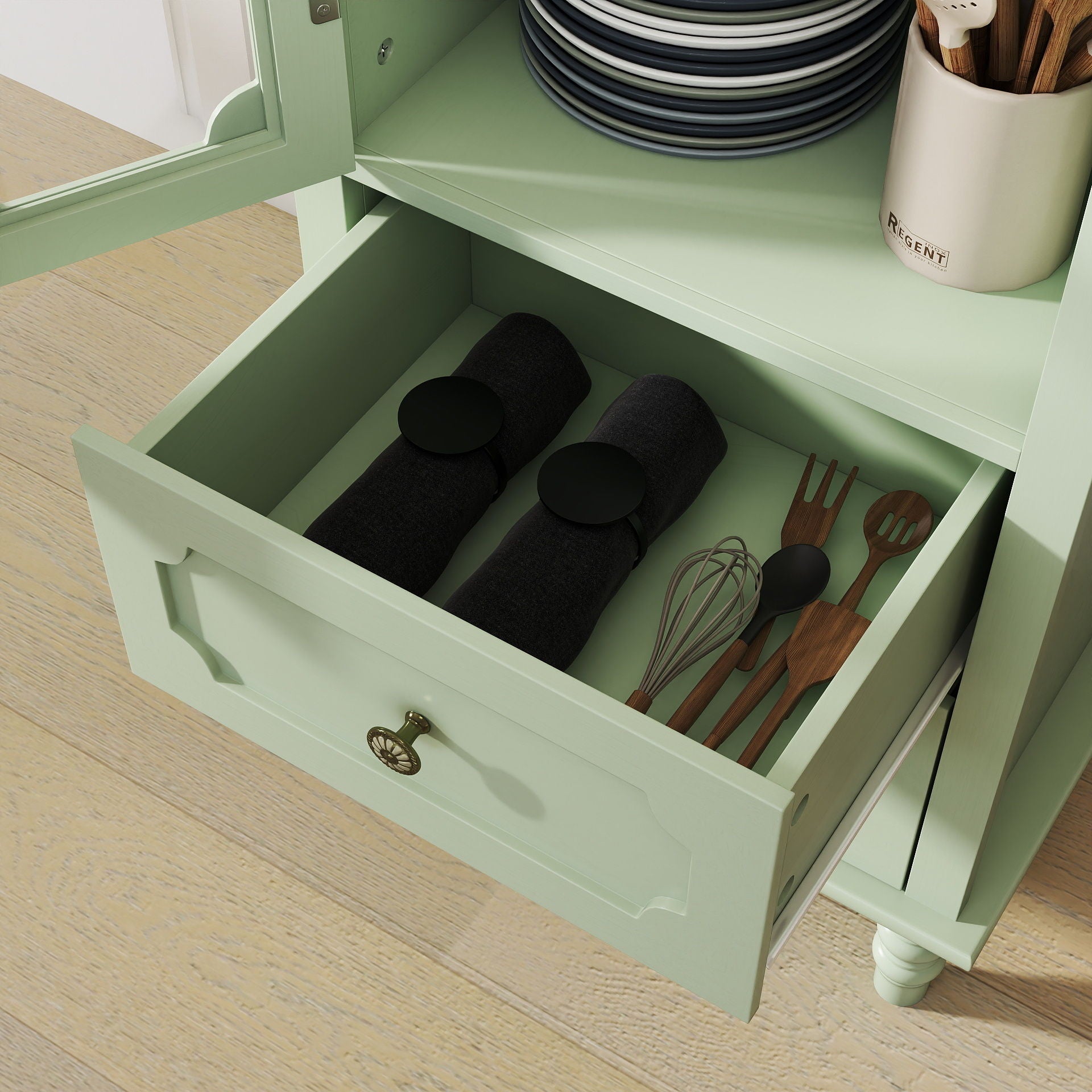 Minimalism Buffet Cabinet With Glass Doors And Double Drawer