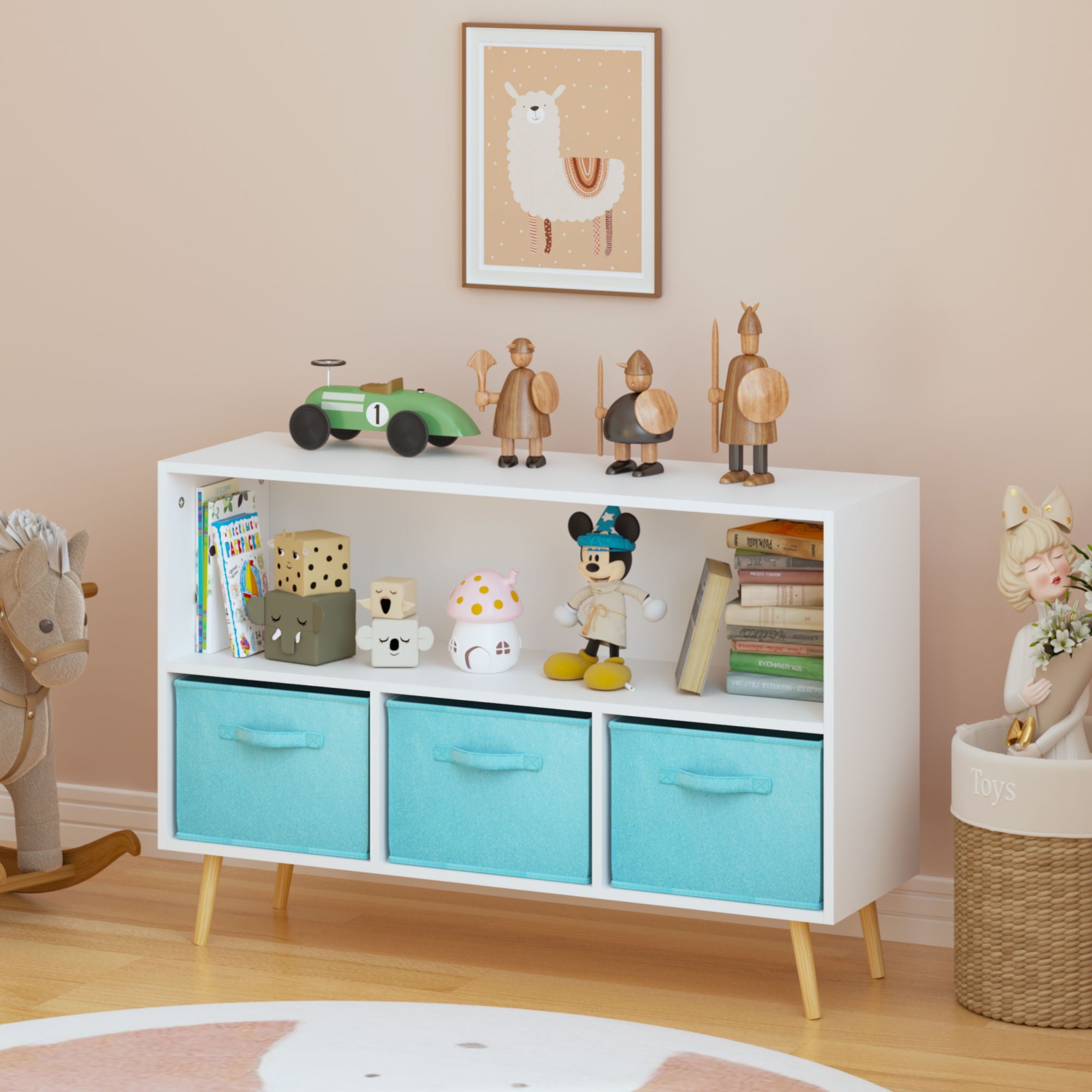 Bookcase With Collapsible Drawers, Book Display Storage Cabinet Organizer - White / Blue