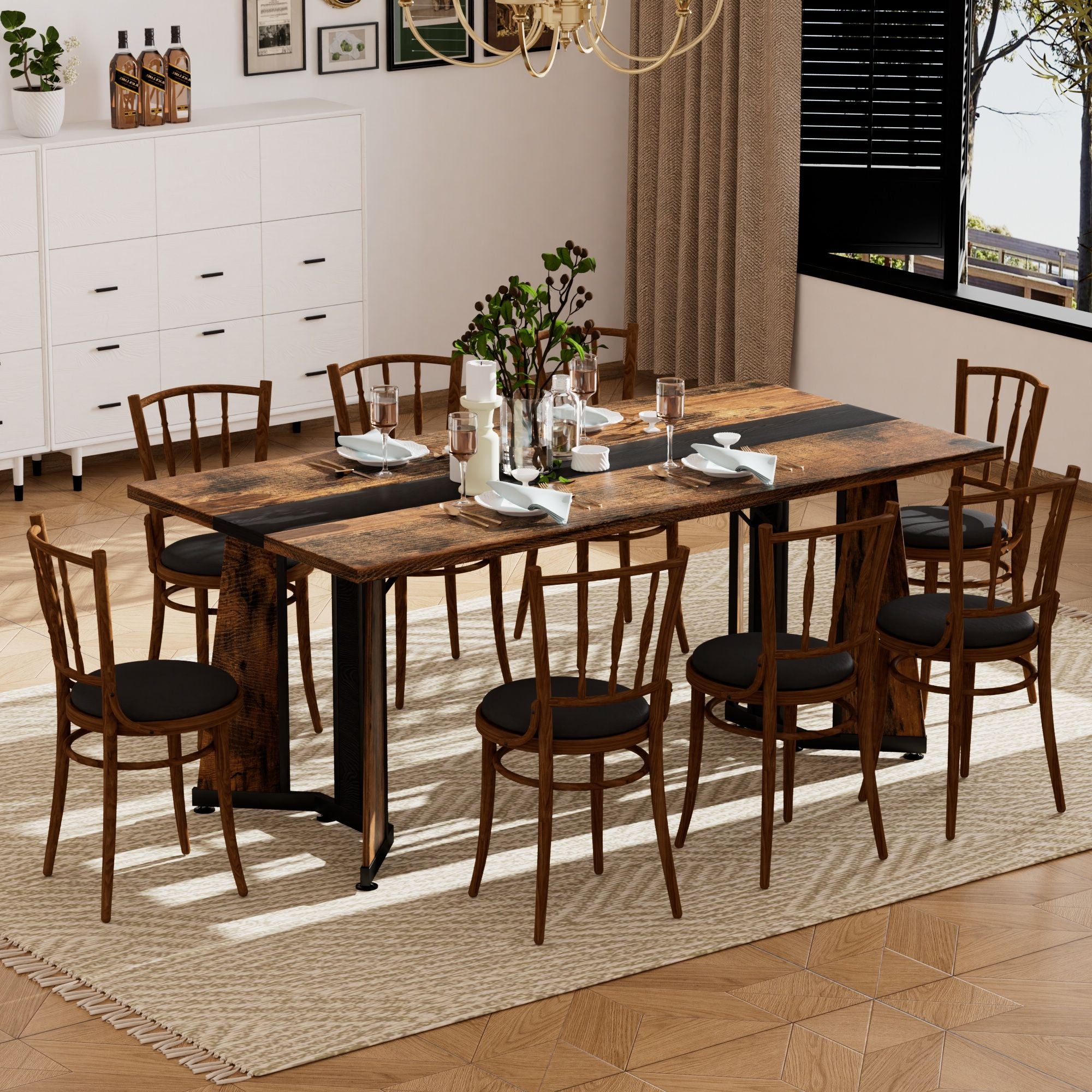 Rustic Rectangular Large Dining Table, Waterproof Desk For 8 People, & Steel With Adjustable Legs - Black / Rustic Brown