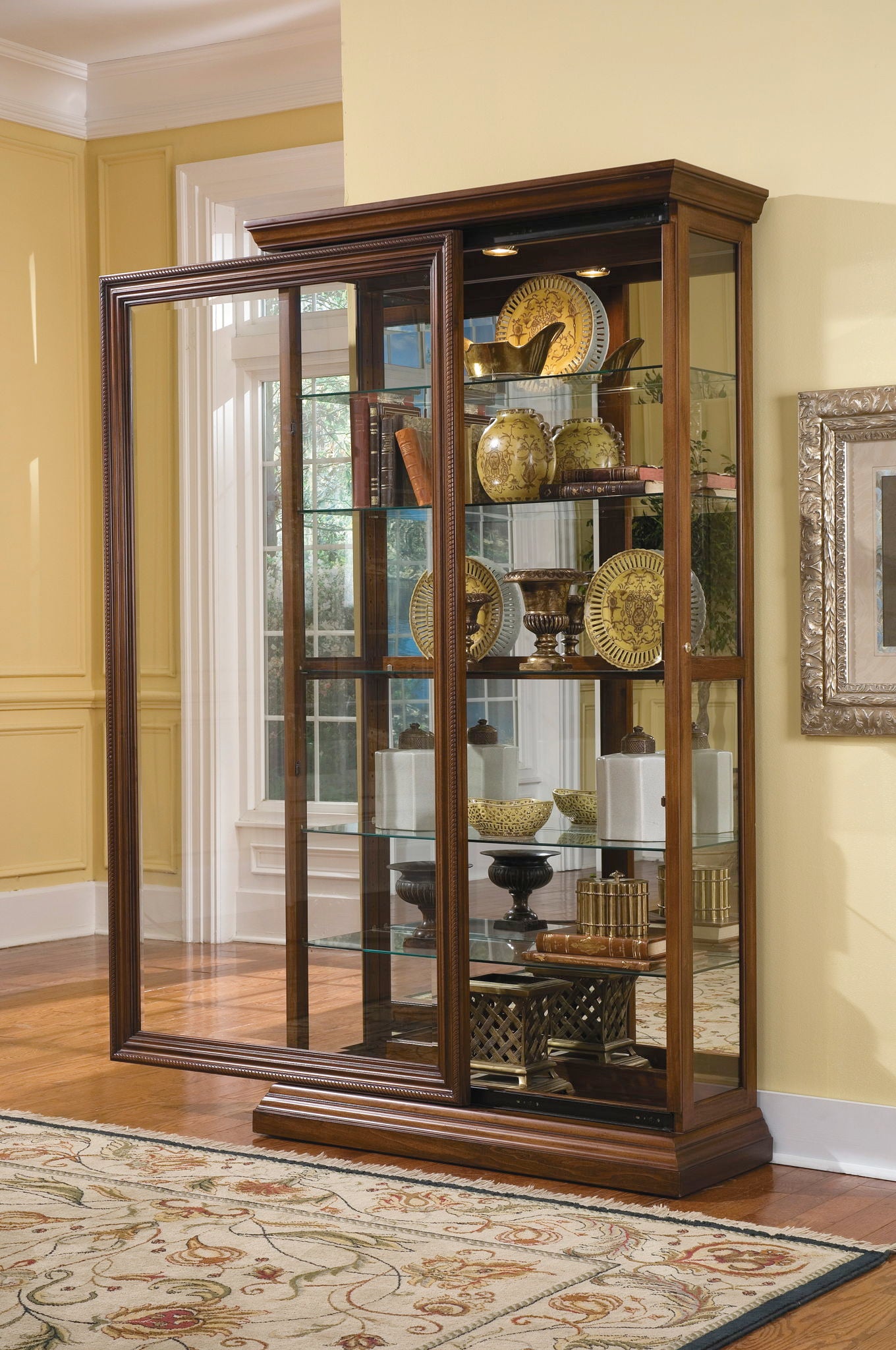 PFC Curios - Edwardian 5 Shelf Sliding Door Curio Cabinet - Oak Brown