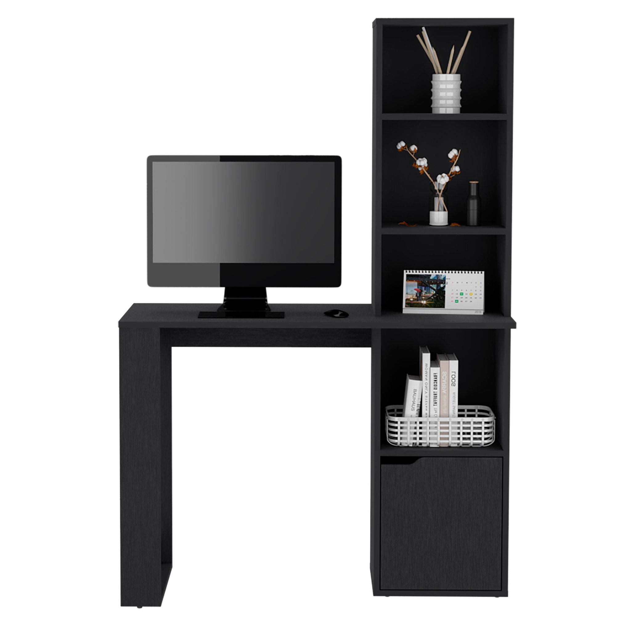 Writing Desk With Bookcase And Cabinet - Black