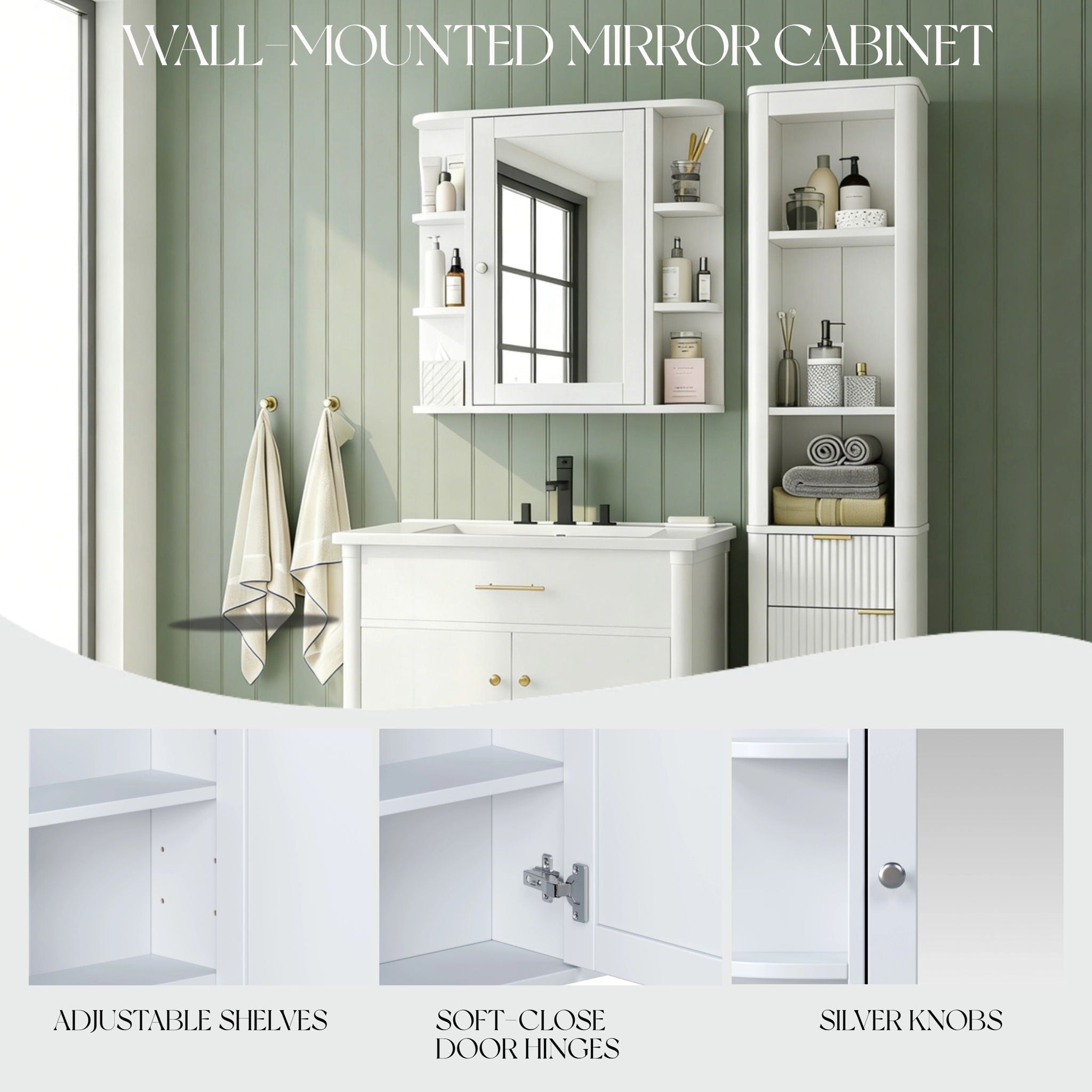 Bathroom Wall Storage Cabinet With Mirror And Adjustable Shelf, 6 Open Shelves