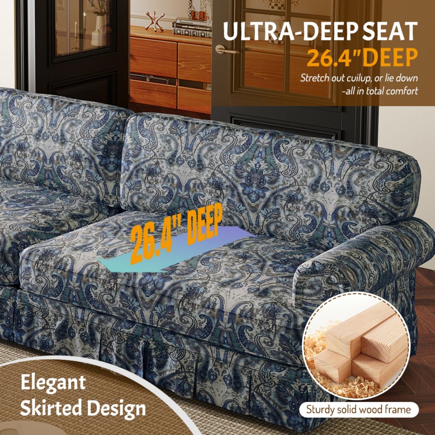 Luxuriously Comfortable Cloud Couch Sofa With Elegant Rolled Arms & Pleated Skirt Design