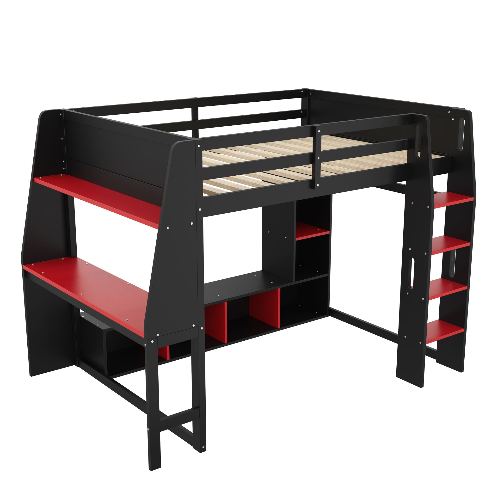 Gaming Loft Bed With Desk, Multi Storage Shelves, LED Lighting, And Hanging Clothes Rack