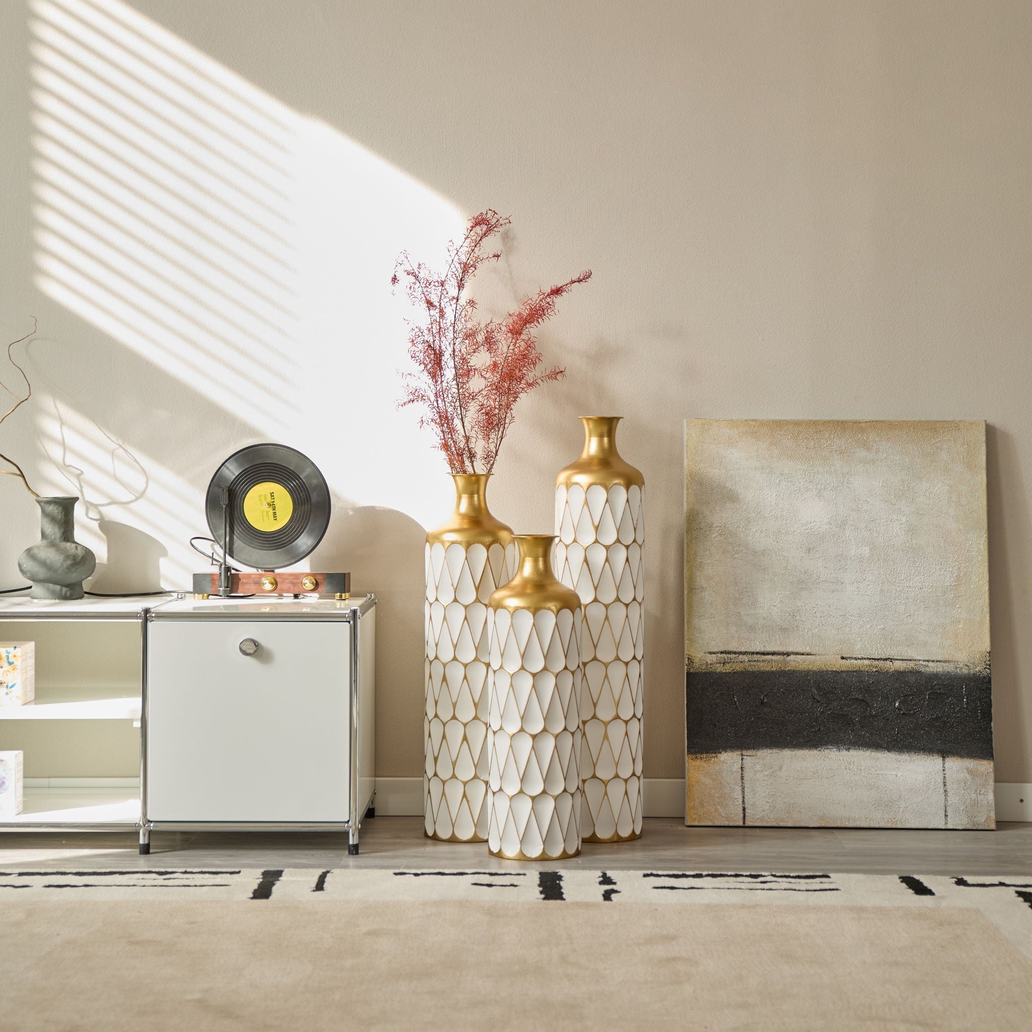 Floor Metal Vase Modern Style Decoration Home Droplet Shaped Metal Vase 3 Piece Set Gorgeous Home Decoration Large Glazed Metal Vase - Gold / White