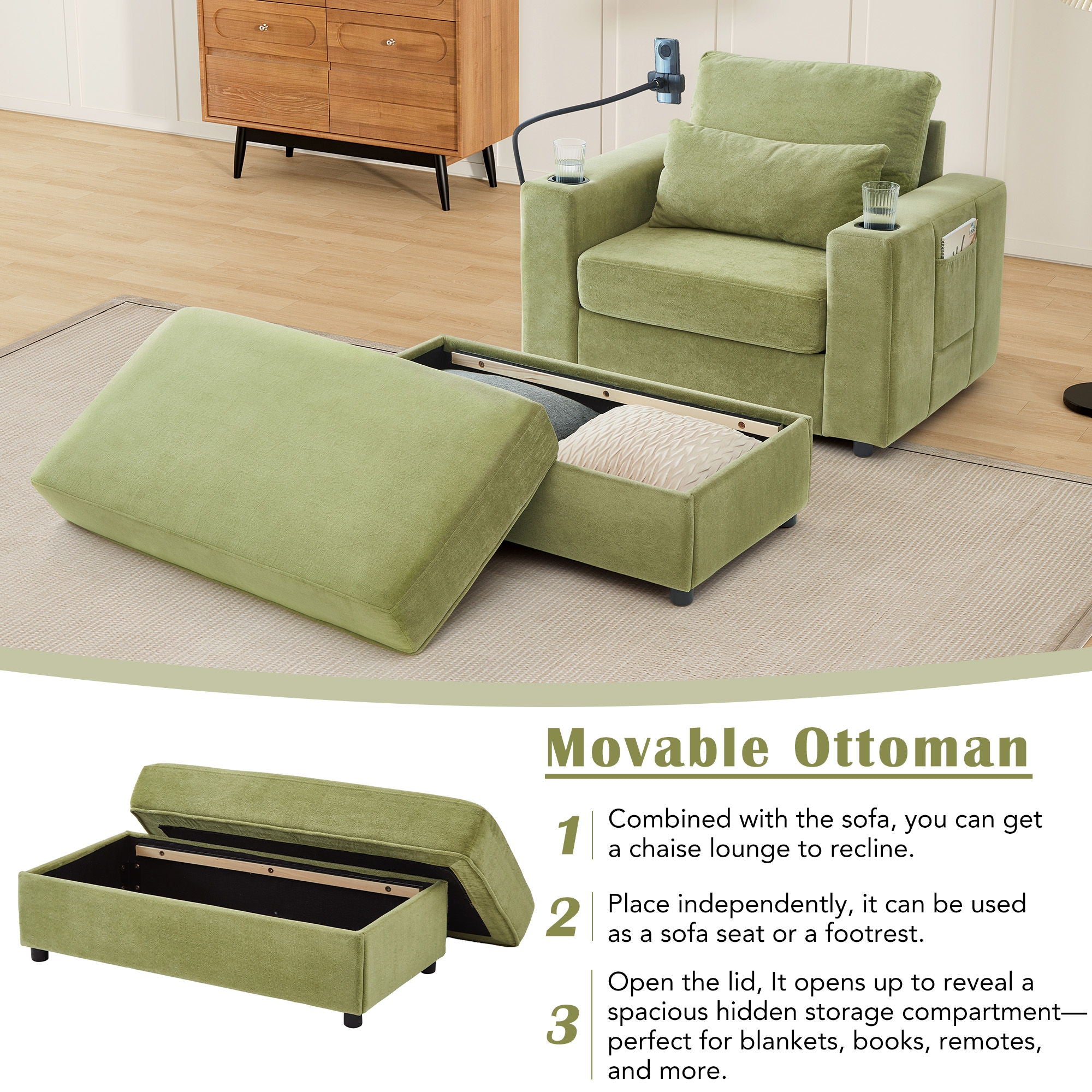 Modern Style Armchair Chaise Lounge Sofa Couch With Movable Storage Ottoman, USB Ports, Cup Holders, Phone Holder, Side Pockets