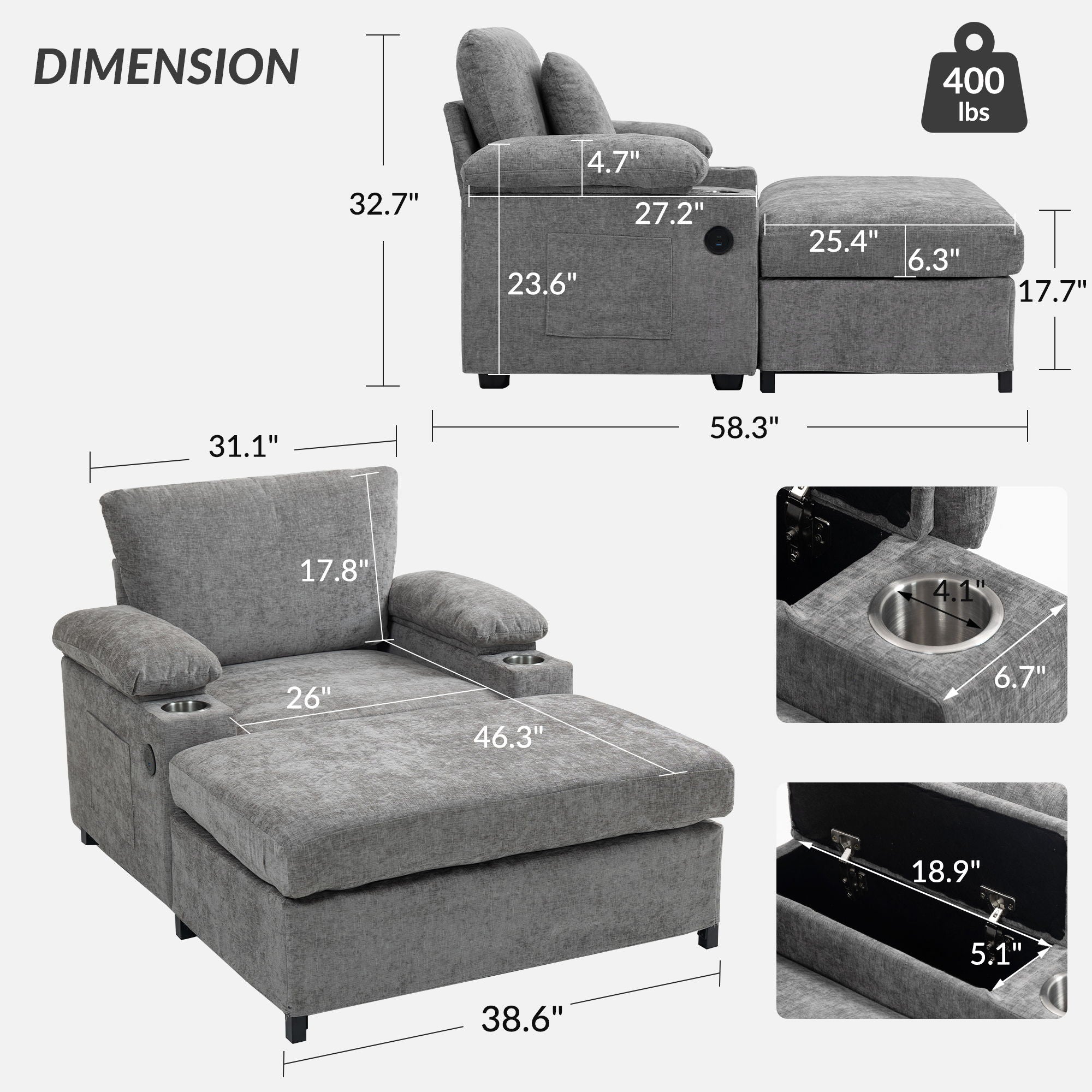Fabric Sofa Bed With Cupholders And USB Charging Ports Chair For Living Room