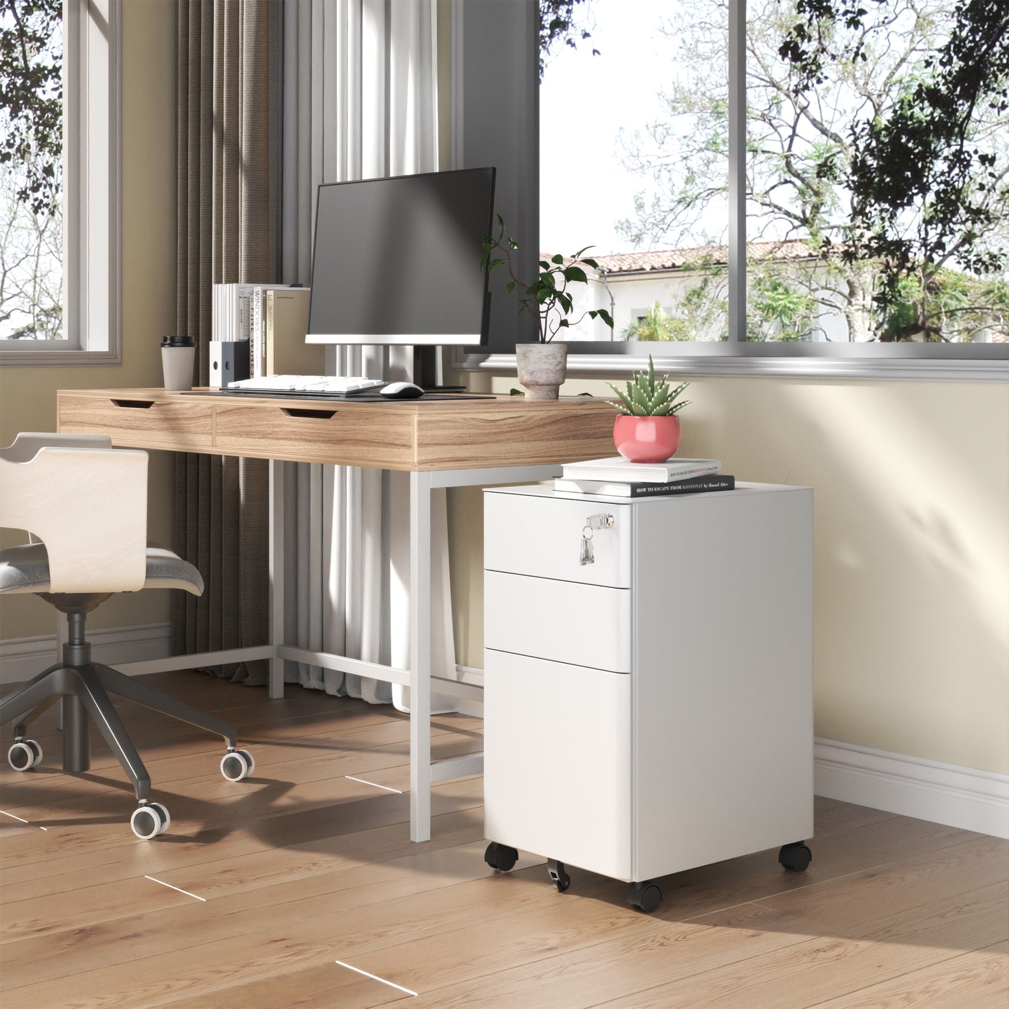 3-Drawer Mobile File Cabinet With Lock, On Wheels, Two Shallow & One Deep Drawer For Office/Home, Fully Assembled - White
